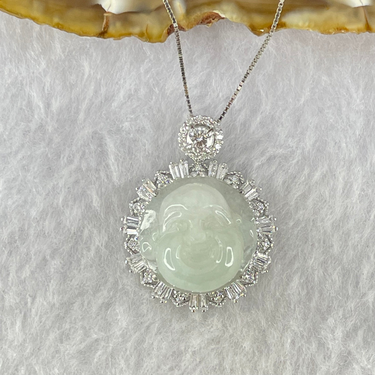 Type A Faint Lavender Green Milo Buddha with Crystals in S925 Sliver Pendant and Necklace 7.52g 16.3 by 16.3 by 11.3mm - Huangs Jadeite and Jewelry Pte Ltd
