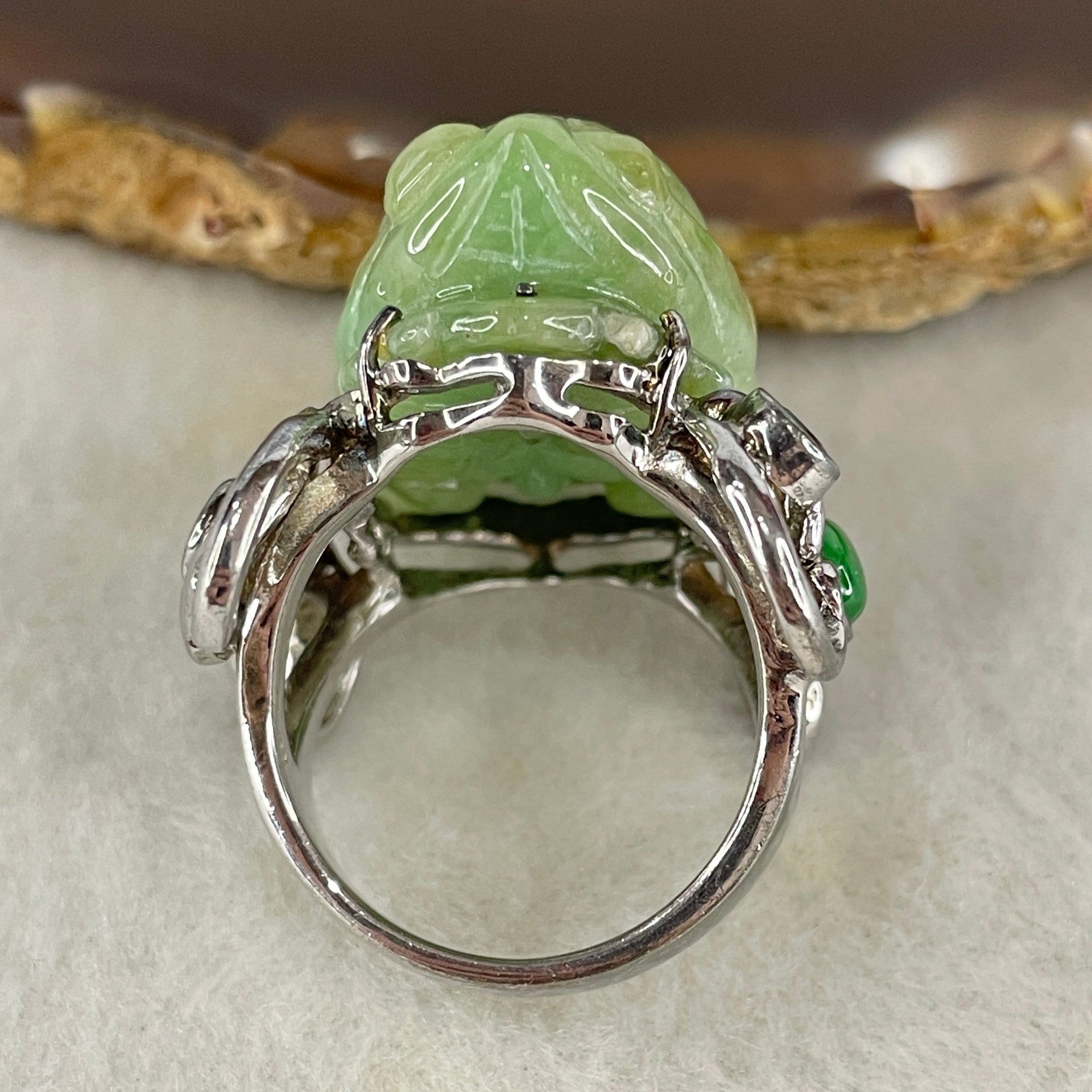 Antique Natural Type A Light Green with Brownish Piaohua Jadeite Insect with S925 Sliver and Gem Stones Ring 23.79g 33.4 by 11.6 by 13.0mm US 8.7 HK 19.5 - Huangs Jadeite and Jewelry Pte Ltd