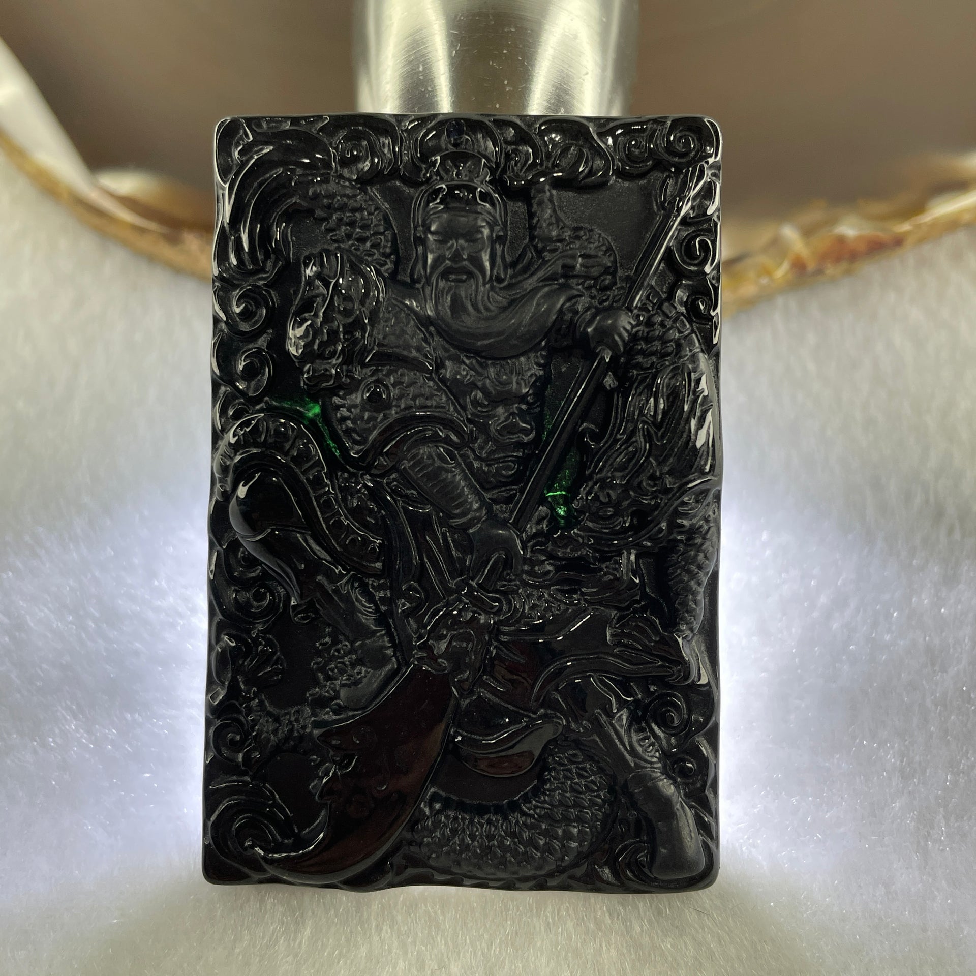 Type A Opaque to Partial Translucent Black Omphacite Jadeite Guan Gong with Dragon Pendant 26.12g 57.7 by 38.8 by 7.8mm - Huangs Jadeite and Jewelry Pte Ltd