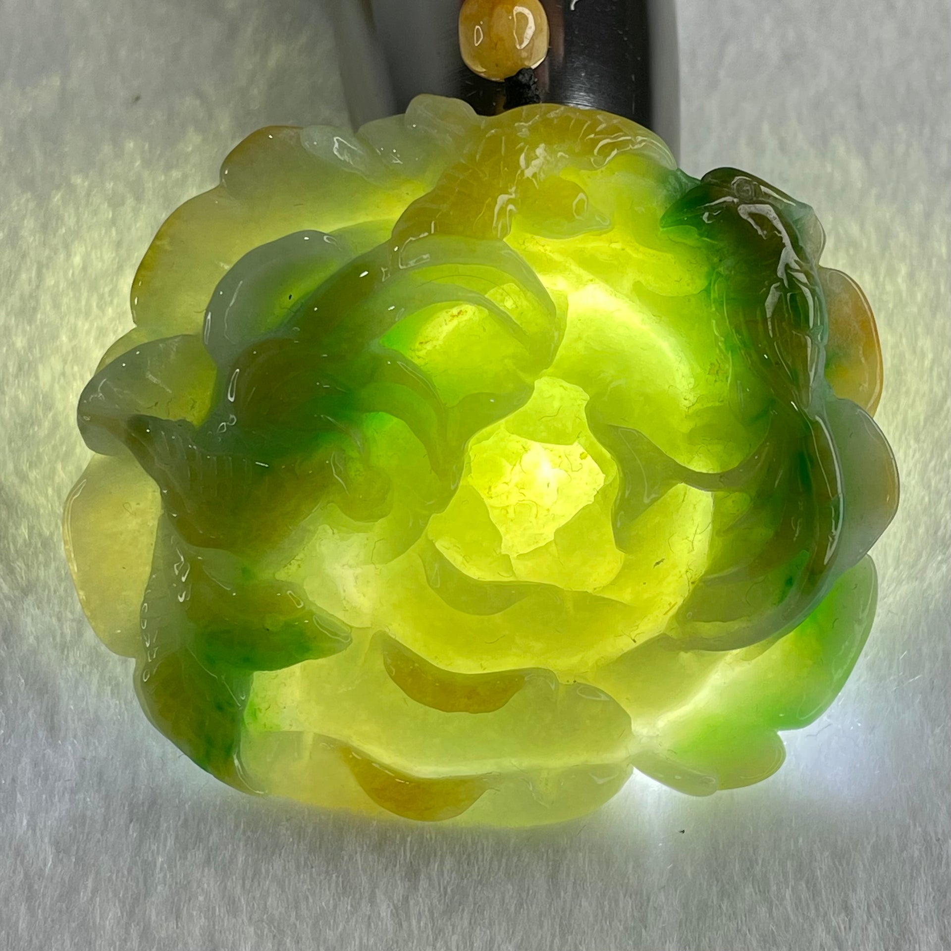Grandmaster Type A Blueish Green with Green and Yellow Patches Jadeite Three Birds with Flowers Pendant with Beads Necklace 花开富贵 67.26g 60.mm 49.1 by 56.5 by 12.0mm - Huangs Jadeite and Jewelry Pte Ltd