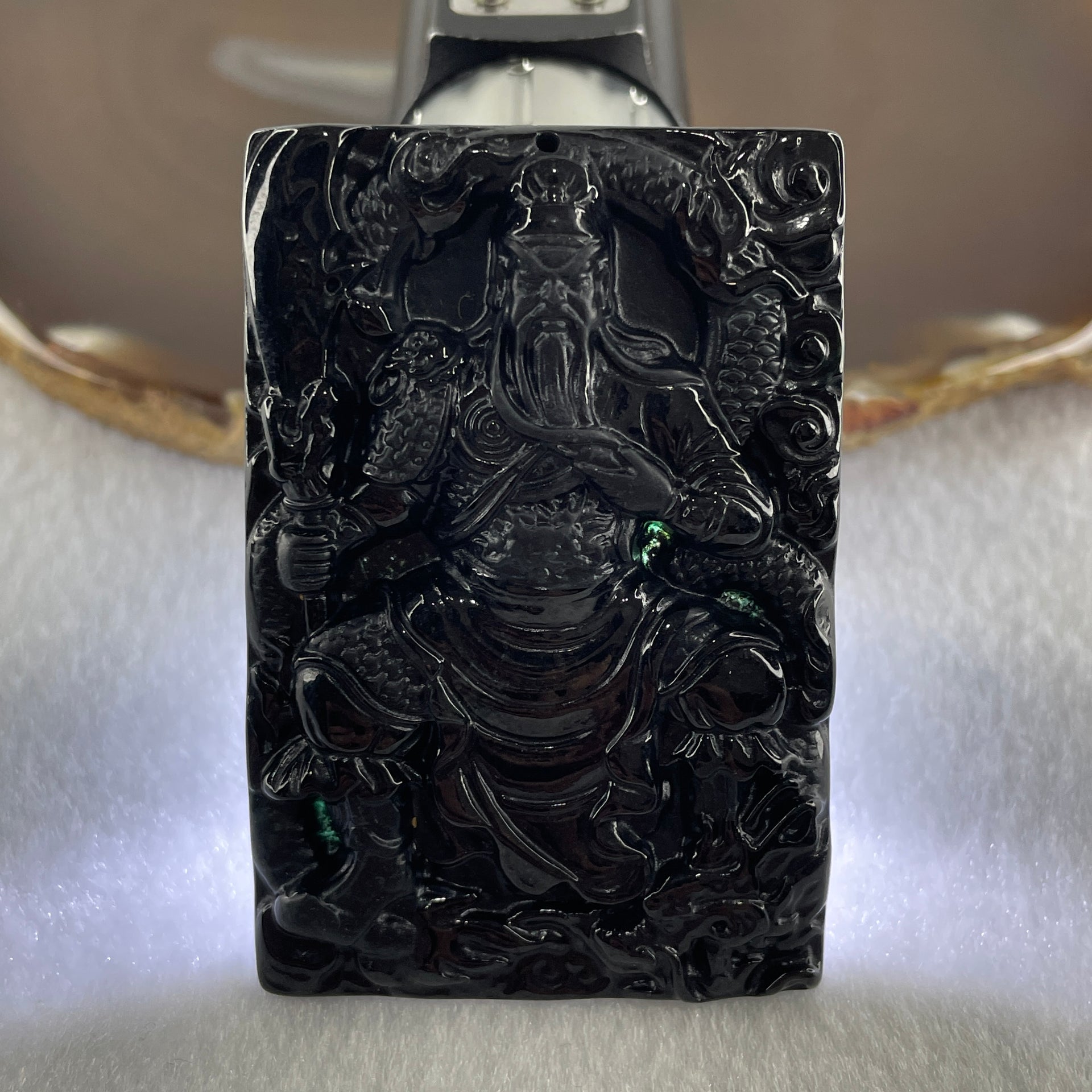 Type A Opaque to Partial Translucent Black Omphacite Jadeite Guan Gong with Dragon Pendant 33.76g 61.3 by 41.6 by 7.2mm - Huangs Jadeite and Jewelry Pte Ltd
