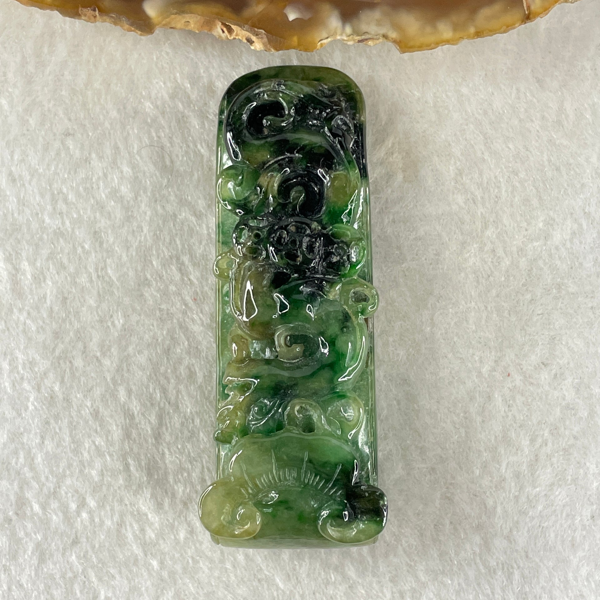 Antique Natural Type A Old Mine Spicy Green with Dark Green Patches Jadeite Dragon Coins with Ruyi Pendant 26.94g 57.8 by 21.2 by 14.7mm - Huangs Jadeite and Jewelry Pte Ltd