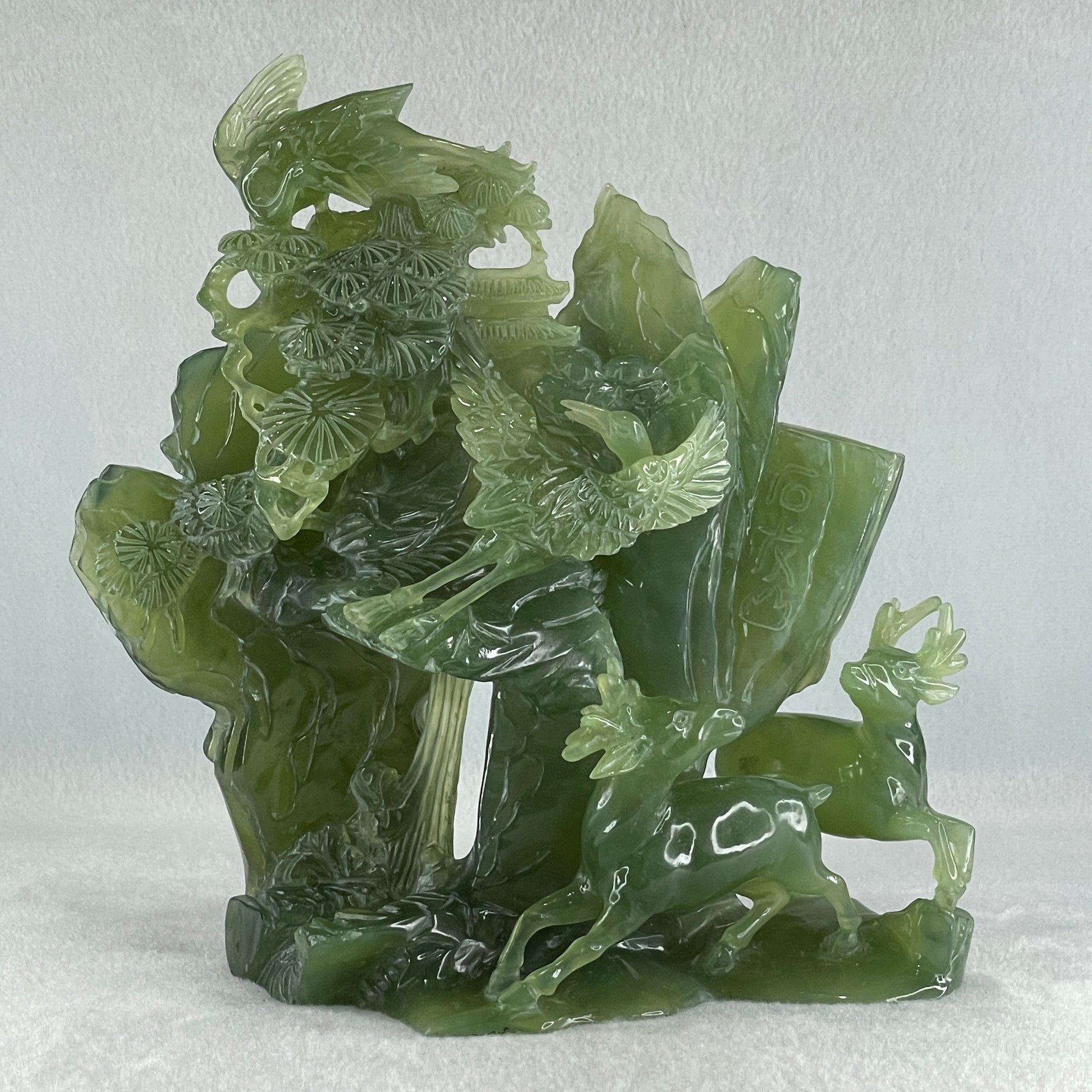 Natural Icy Dark Green Serpentine Double Reindeers with Twin Cranes on Shan Shui with Wooden Stand Display 1,804.8g 210.0 by 109.0 by 228.0mm - Huangs Jadeite and Jewelry Pte Ltd