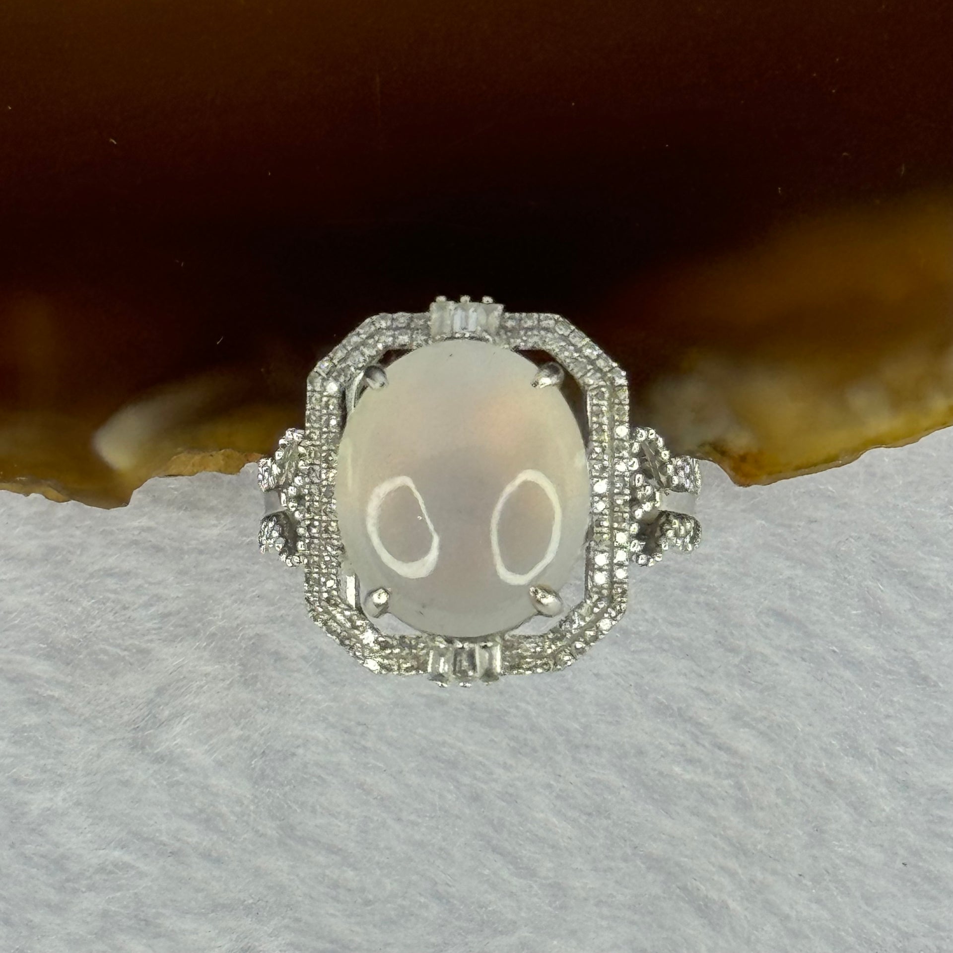 18K White Gold Type A White Jadeite with diamonds Ring 4.47g 12.7 by 10.9 by 4.5mm US6.5 HK14 - Huangs Jadeite and Jewelry Pte Ltd
