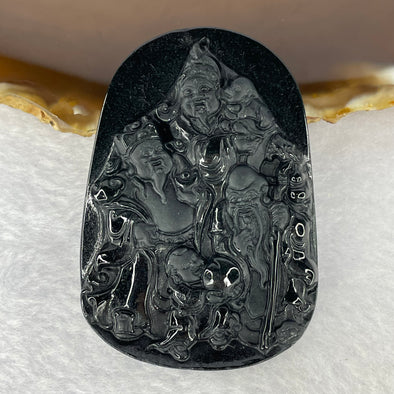 Type A Partial Translucent Black Omphasite Jadeite Fu Lu Shou Pendent A货墨翠福禄寿牌 36.02g by 60.0 by 42.4 by 8.6 mm - Huangs Jadeite and Jewelry Pte Ltd