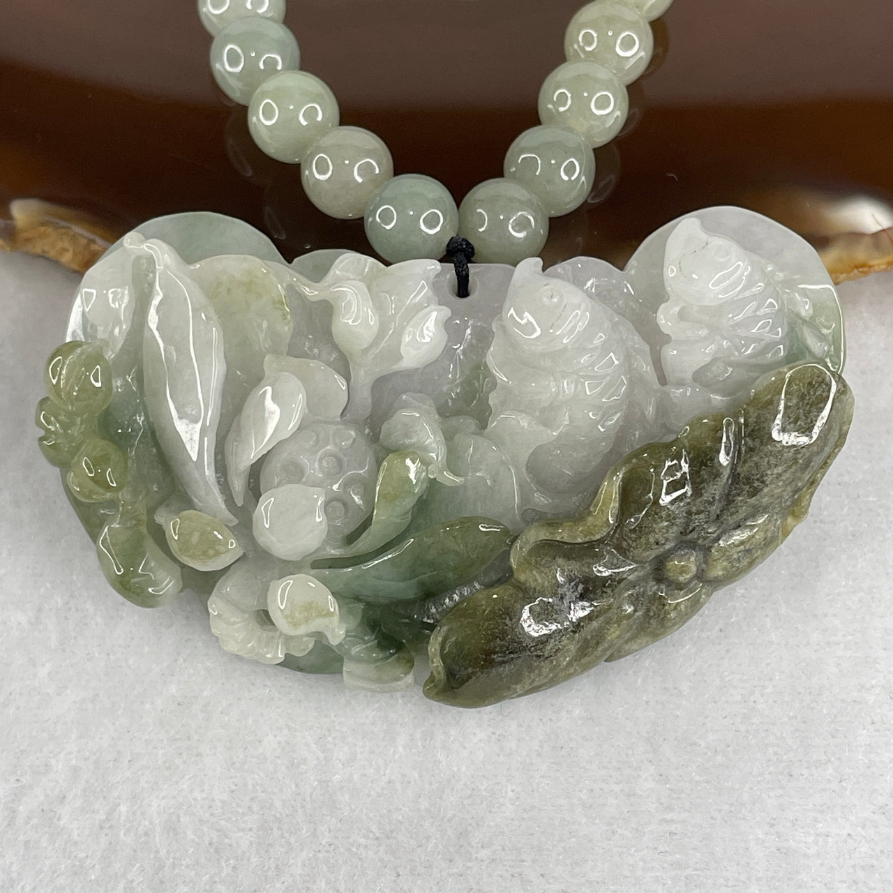 Natural Type A Light Lavender & Green Jadeite Twin Fish Lotus Pendant with Light Green Beads Necklace | Certified Untreated Fei Cui Gemstone Set (122.29g | 60cm | 38.2 by 65.5 by 12.5mm - 7.8mm 78 Beads)