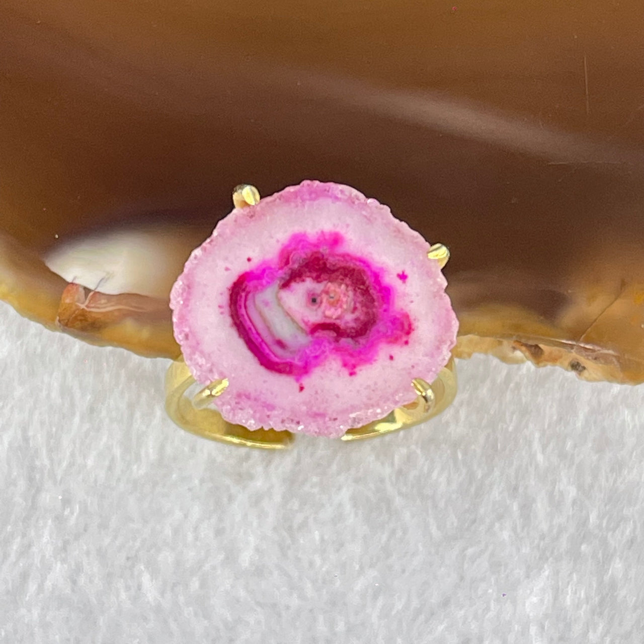 Pink Agate in Gold Color Ring (Adjustable Size) 2.62g 15.7 by 14.8 by 3.7mm - Huangs Jadeite and Jewelry Pte Ltd