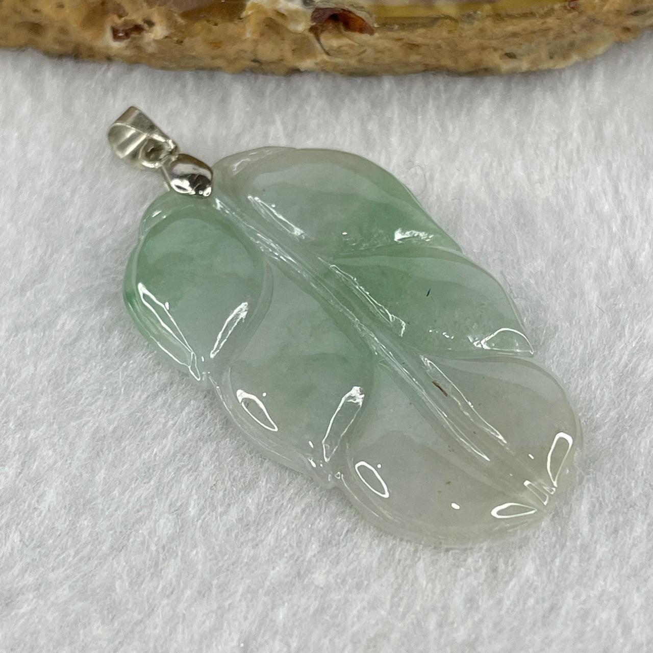 Natural Type A Semi Icy Faint Lavender Light Green Jadeite Prosperity Leaf Pendant in Silver Clasp Signifying Overnight Success 5.93g 39.4 by 23.6 by 3.7mm - Huangs Jadeite and Jewelry Pte Ltd