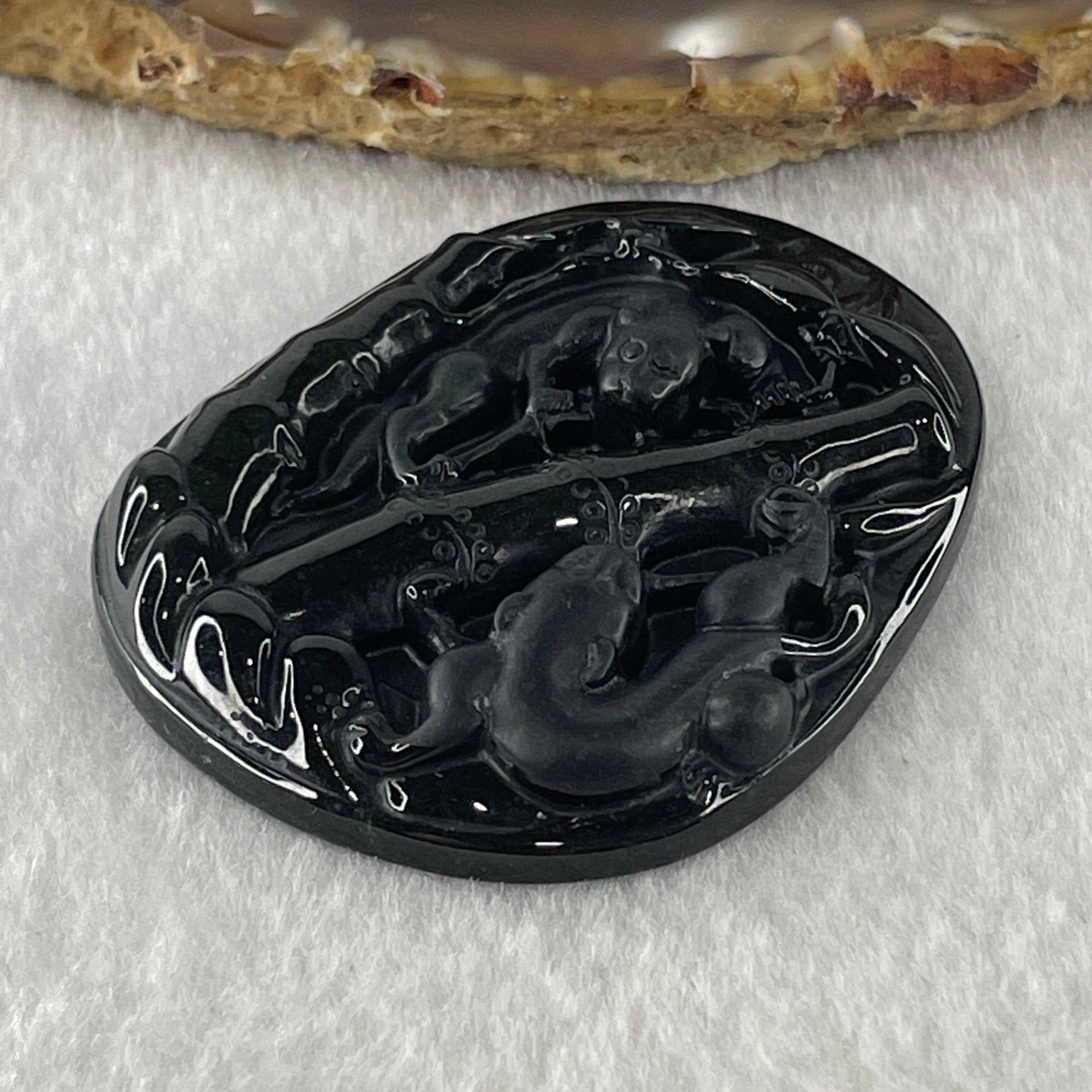 Type A Opaque to Partial Translucent Black Omphacite Jadeite Pixiu Pair with Bamboo Pendant 24.47g 53.7 by 43.2 by 8.4mm - Huangs Jadeite and Jewelry Pte Ltd