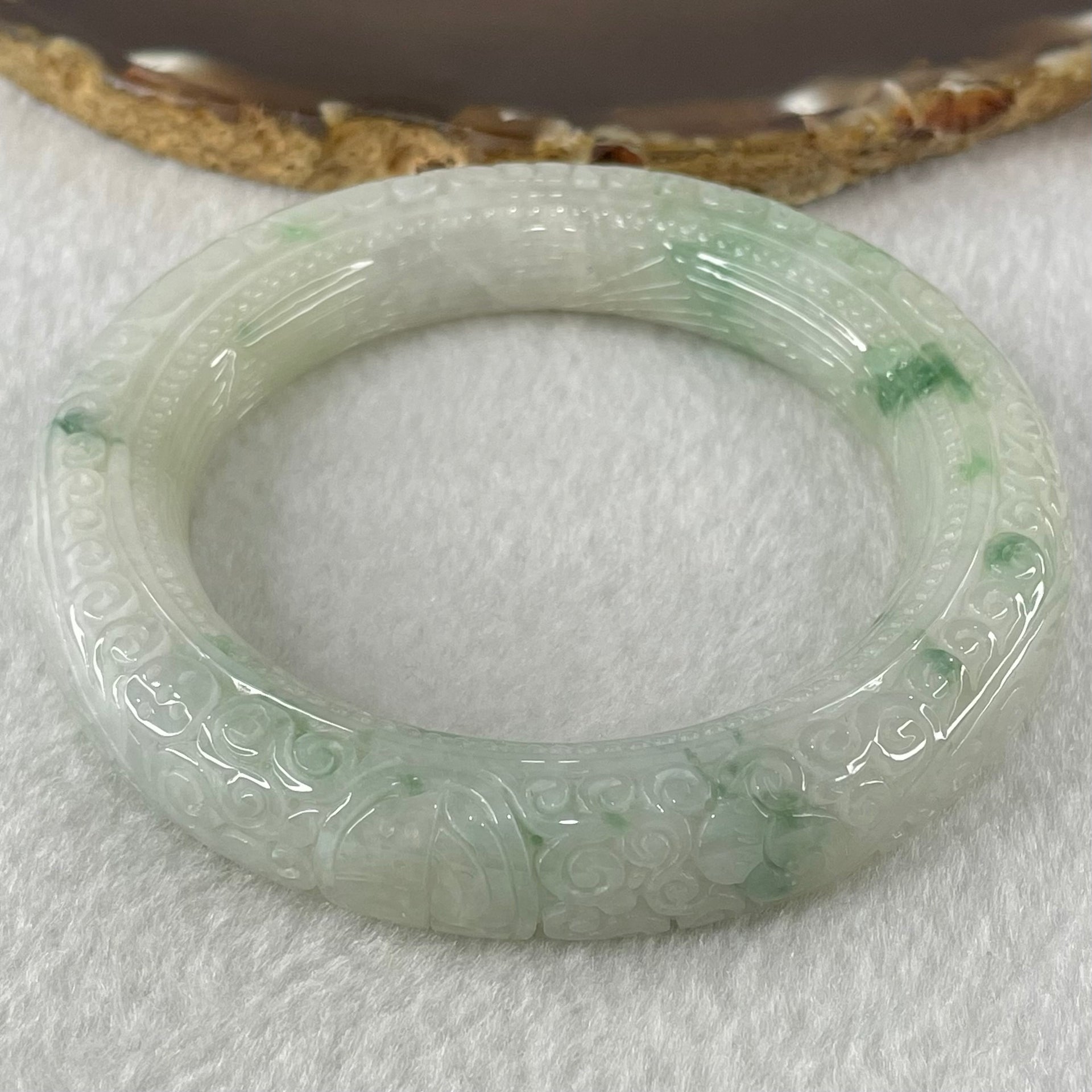 Type A Light Green with Blueish Green Piao Hua Jadeite Carved Floral FU and Ruyi Blessing Bangle 87.62g Internal Diameter 55.7mm 13.0 by 12.7mm (Internal Line) - Huangs Jadeite and Jewelry Pte Ltd