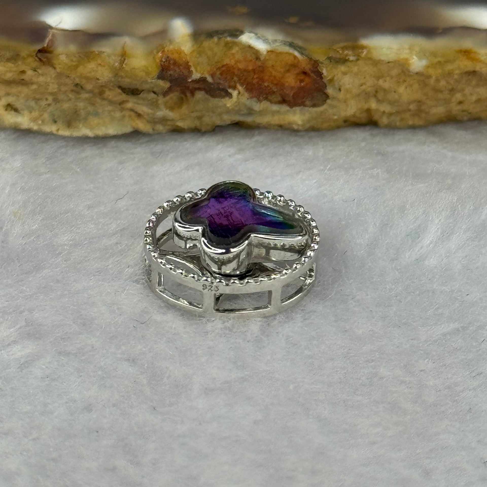 Natural Meteorite Spinning Purple with Yellow Color Butterfly Charm in S925 Silver 1.74g 13.1 by 6.0mm - Huangs Jadeite and Jewelry Pte Ltd