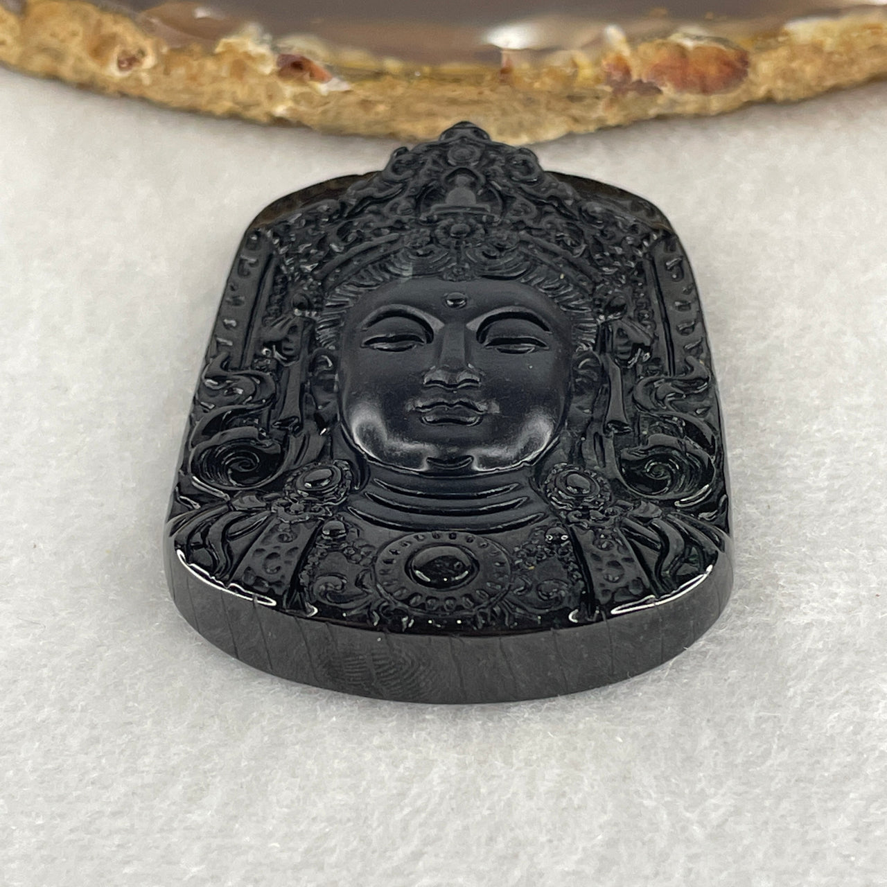 Protection, Peace and Compassion - Certified Natural Type A Black Omphacite Jadeite Guan Yin Face Pendant 27.04g 59.4 by 40.0 by 9.0mm