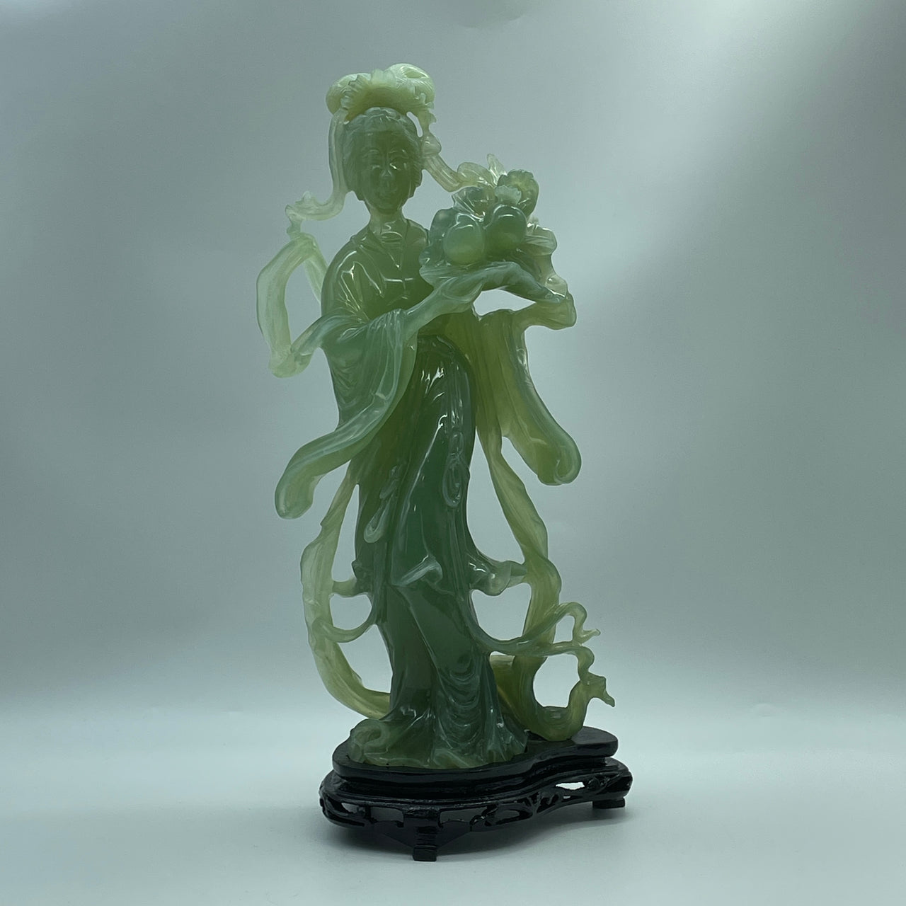 Natural Semi Icy Light Green Serpentine Fairy with Longevity Peach and Money Bag with Wooden Stand Display 1,907.8g 152.0 by 120.0 by 343.0mm