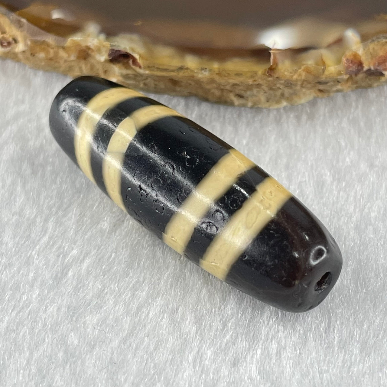Natural Powerful Tibetan Old Oily Black with Yellowish White Agate 4 Lines Bead Heavenly Master (Tian Zhu) 10.29g 39.2 by 13.0mm - Huangs Jadeite and Jewelry Pte Ltd