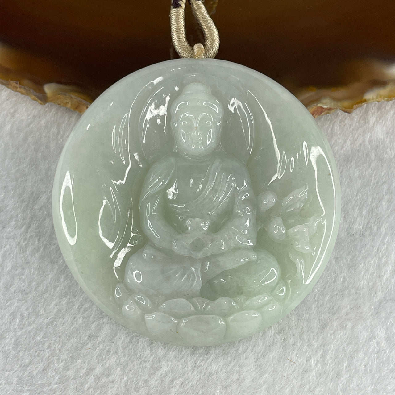Natural Type A Faint Green Faint Lavender Jadeite Amitabha Buddha with Om Mani Padme Hum Pendant 72.02g 56.6 by 11.8mm