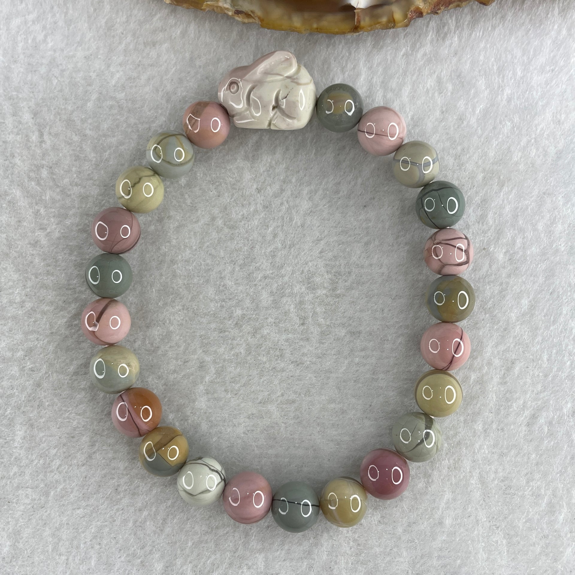 Natural Alashan Agate Pastels Pink Beads with Rabbit Charm Bracelet 17.28g 16cm 7.8mm 23Beads - Huangs Jadeite and Jewelry Pte Ltd