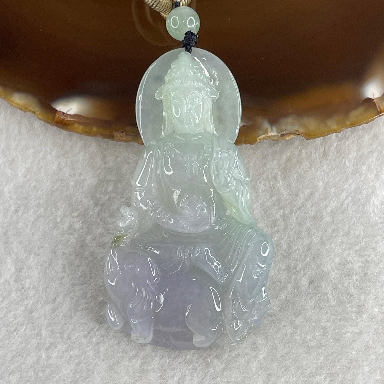 Certified Natural Good Grade Type A Jelly Lavender with Green Jadeite Samantabhadra Bodhisattva Guan Yin on Elephant Pendant 30.25g 26.8 by 31.3 by 11.4mm