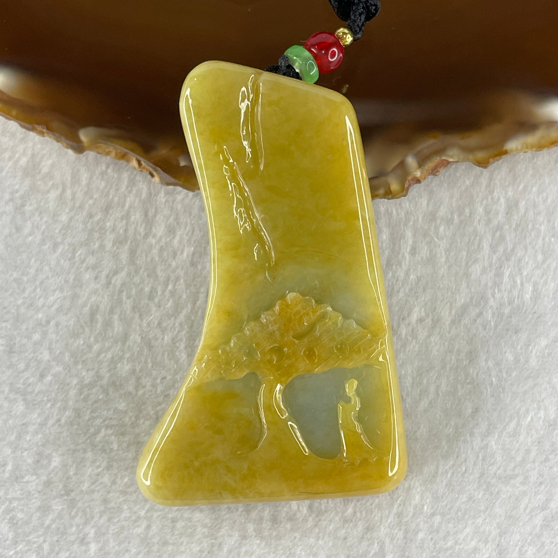 Natural Type A Yellow Jadeite Shan Shui Scenic with Gui Ren Benefactor 99.67g 66.1 by 39.8 by 17.2mm (Burned) - Huangs Jadeite and Jewelry Pte Ltd