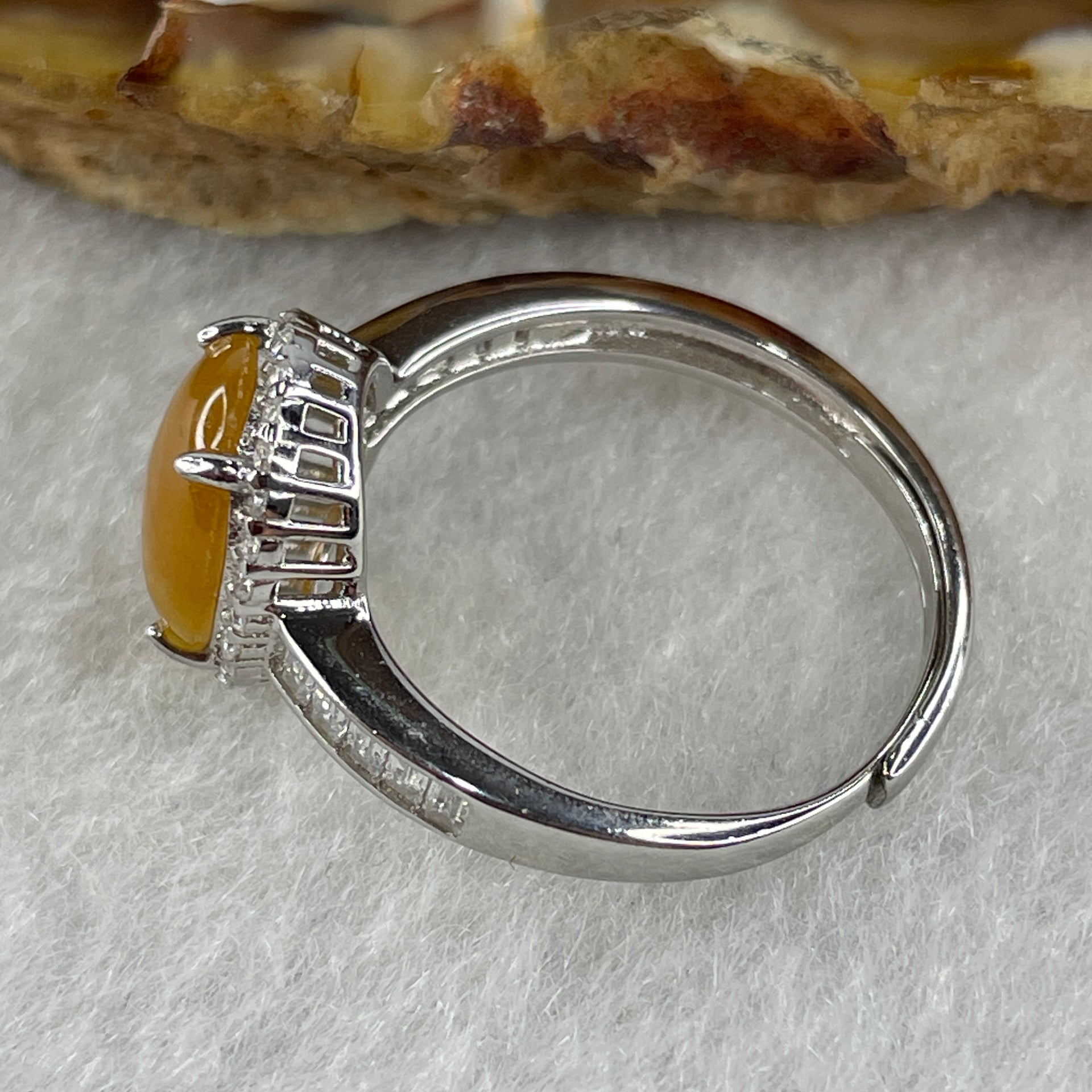 Type A Yellow Jadeite Ring in S925 Sliver with Cubic Zirconia 2.46g 10.0 by 7.5 by 3.0mm (Adjustable Size) - Huangs Jadeite and Jewelry Pte Ltd