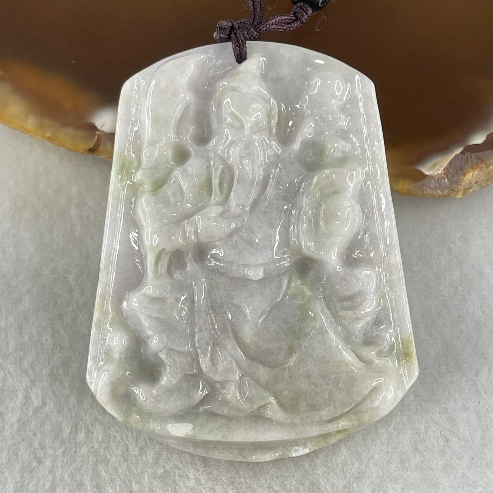Type A Faint Lavender Green Jadeite Guan Gong Pendant 44.09g 54.8 by 43.4 by 9.8mm (Slight Rough on Bottom) - Huangs Jadeite and Jewelry Pte Ltd