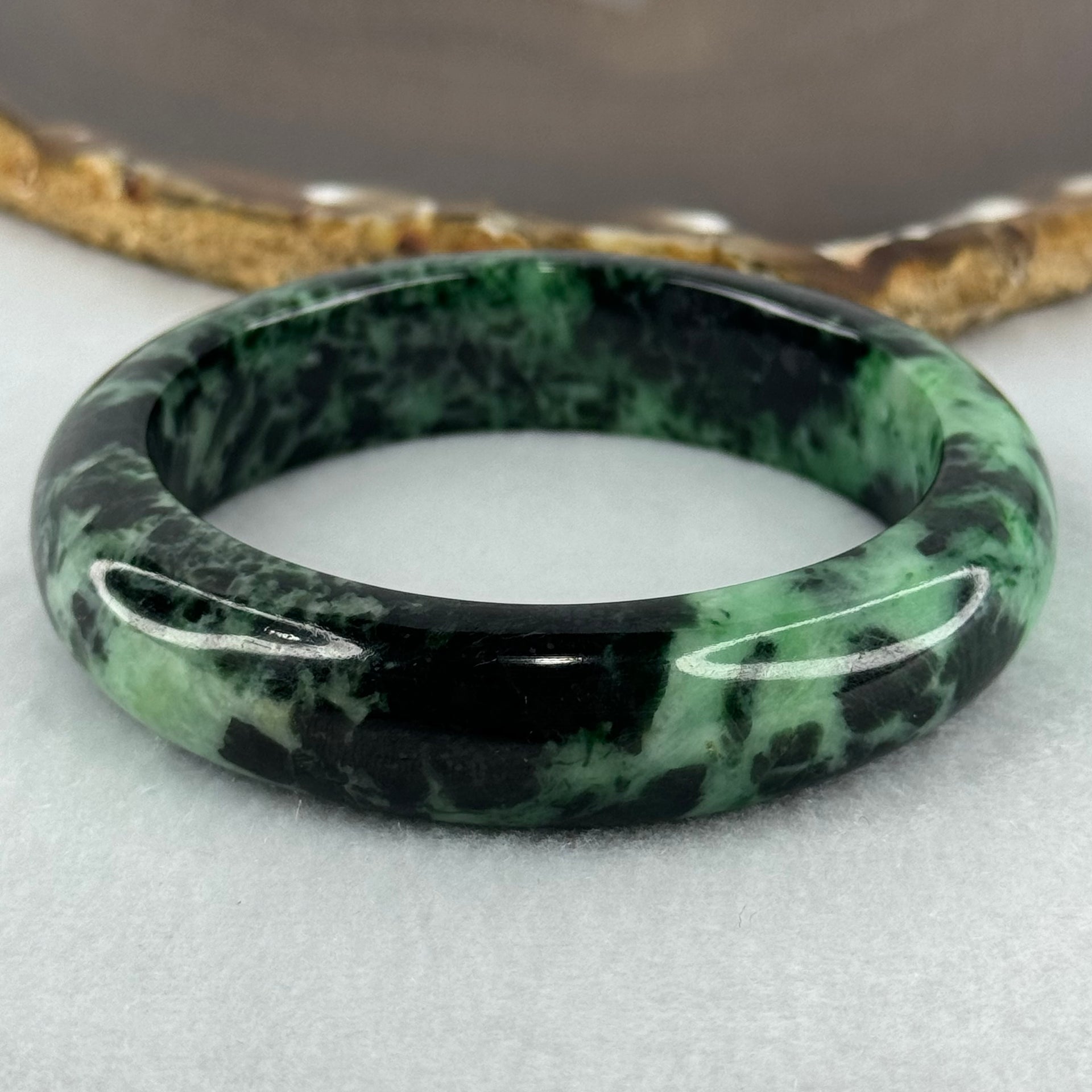 Type A Opaque to Slightly Translucent Dark Green with Apple and Emerald Green Jadeite Bangle Internal Diameter 56.0mm 75.24g 14.9 by 9.6mm (Slight Internal Lines) - Huangs Jadeite and Jewelry Pte Ltd