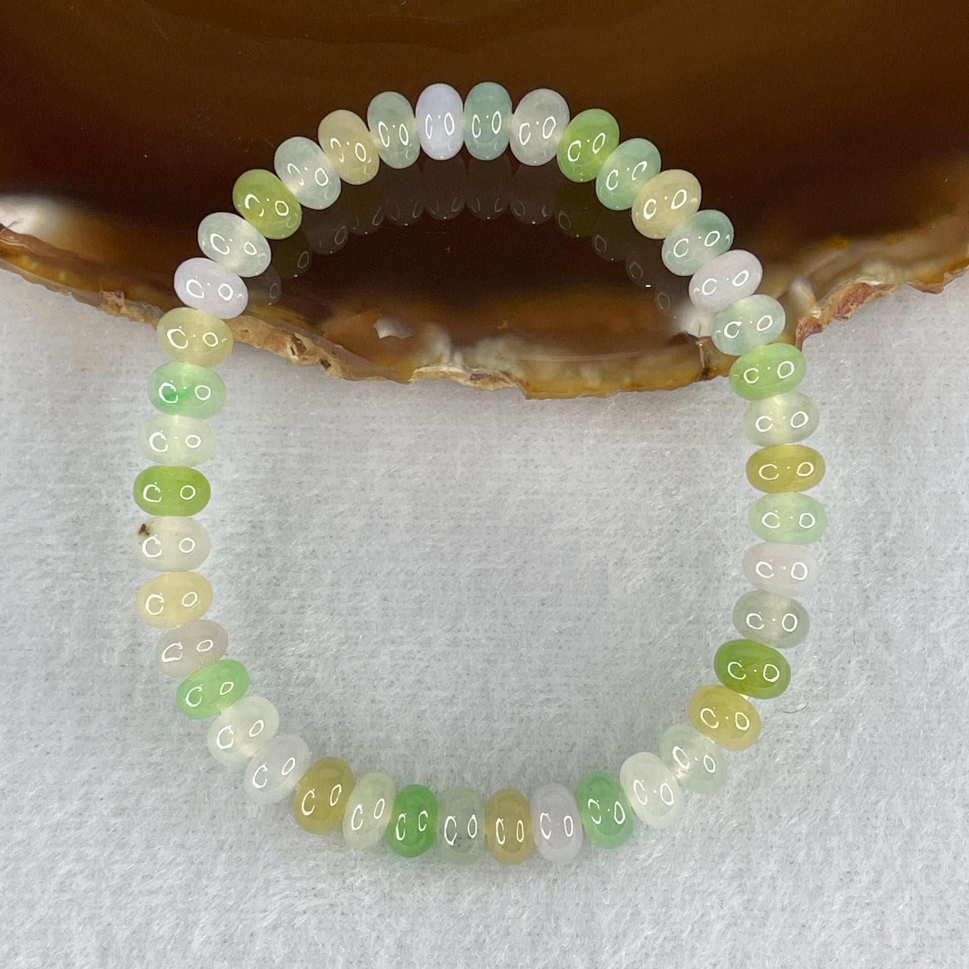 Natural Type A Muti Green with Lavender Yellowish Jadeite Donut Bracelet 12.93g 15cm 6.3mm 42 Beads - Huangs Jadeite and Jewelry Pte Ltd