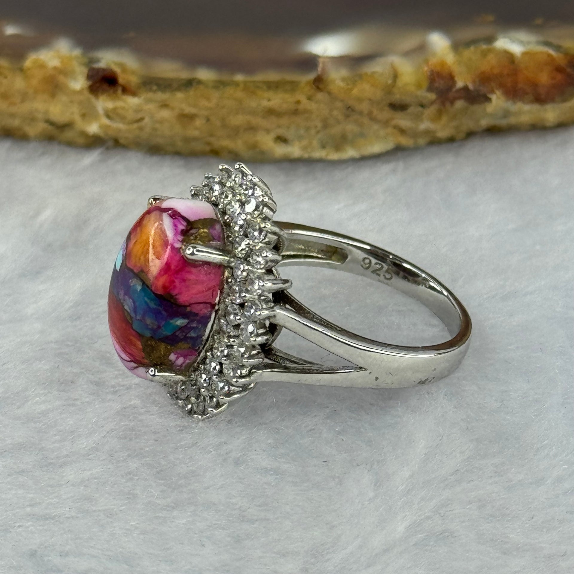 Rainbow Calsilica in S925 Sliver Ring 19.0 by 14.9 by 6.5mm US5.75 HK12.5 - Huangs Jadeite and Jewelry Pte Ltd