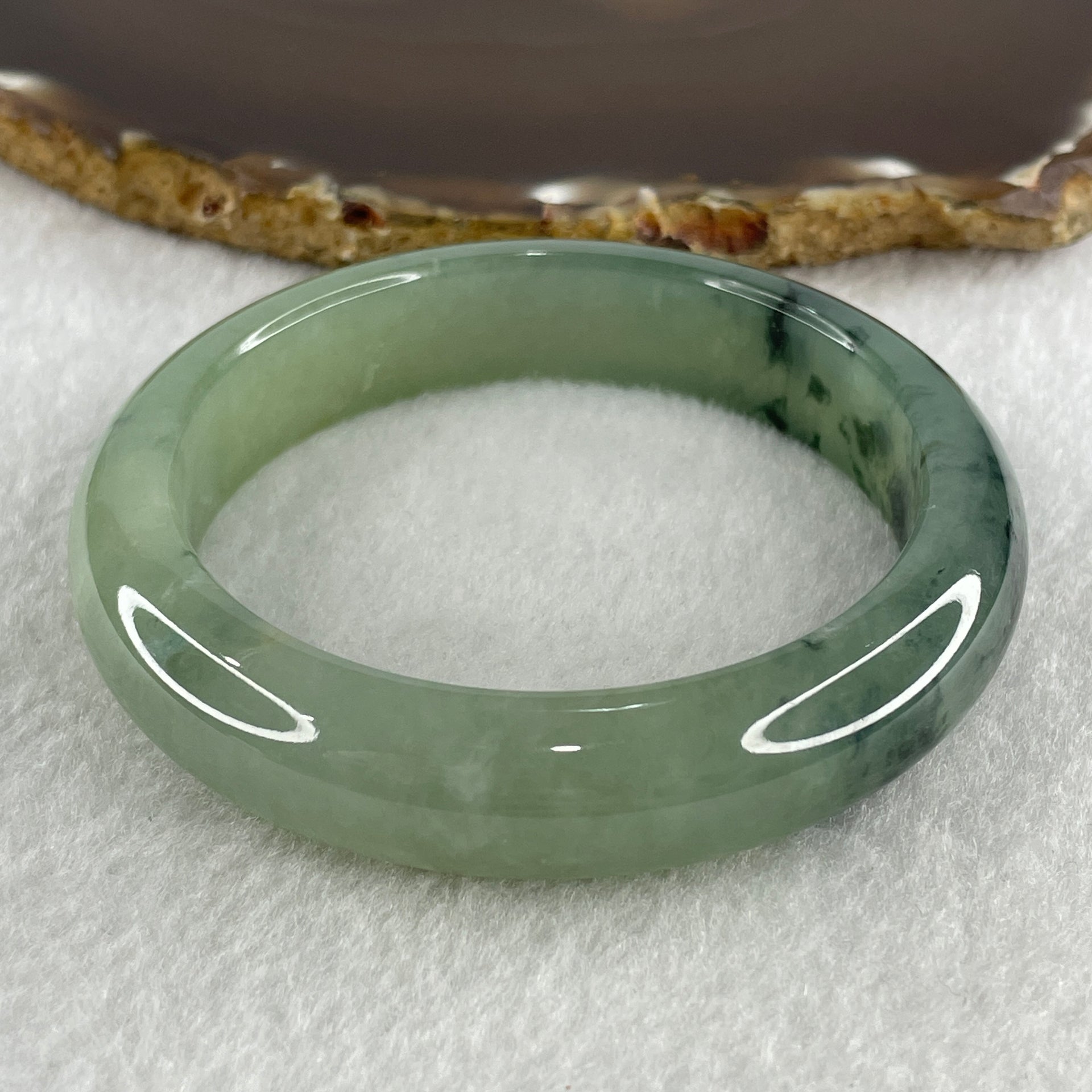 Certified Type A Natural Semi Icy Light Green with Dark Green Fluorite Piao Hua Jadeite Bangle 66.27g Inner Diameter 57.6mm 13.8 by 9.2mm (Very Very Slight Internal Line) - Huangs Jadeite and Jewelry Pte Ltd