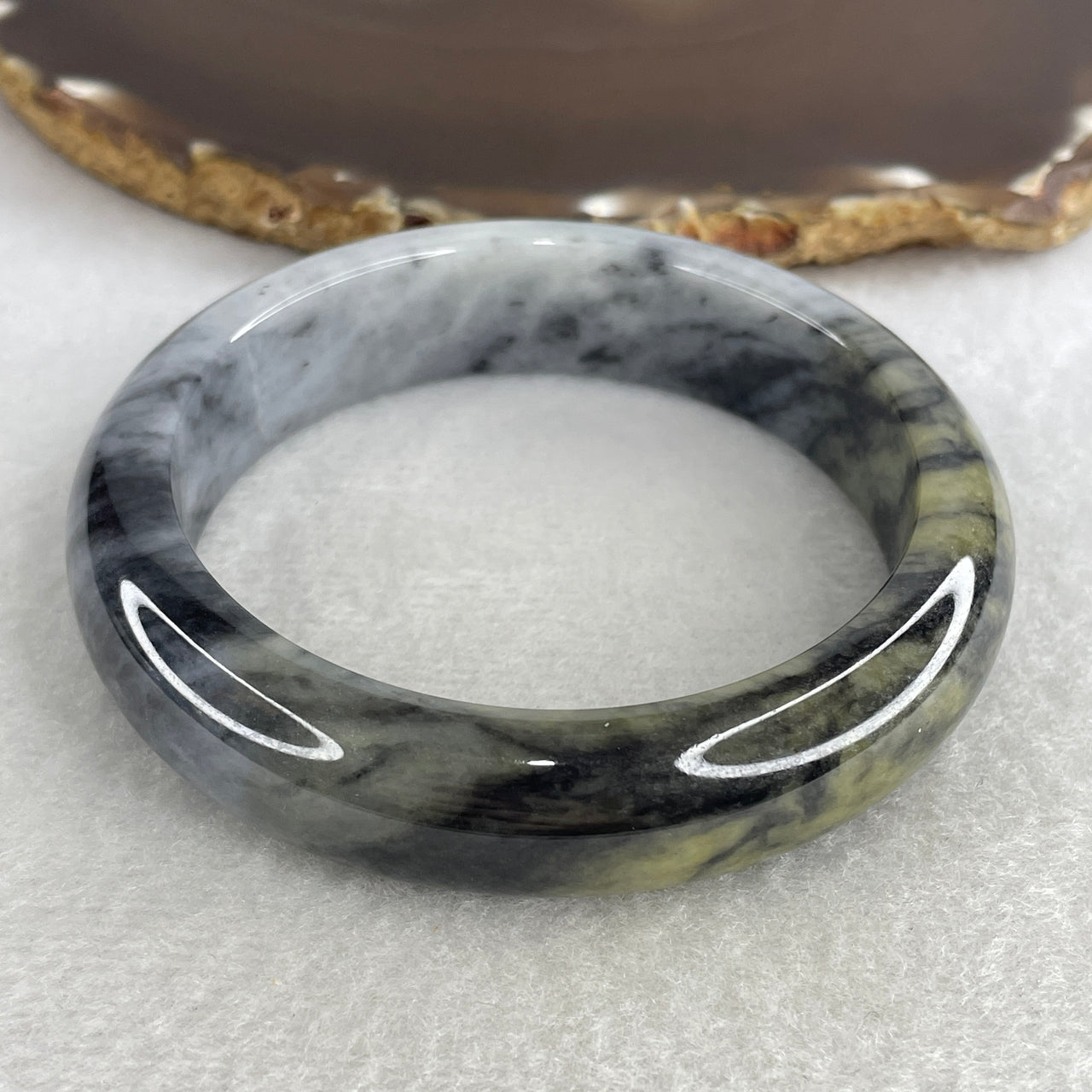Natural Type A Partial Translucent Jadeite Bangle | 59.8mm Ink-Wash "Wuji" Grey & Black with Golden Yellow Patches | Massive Wide-Band "Fei Cui" Statement Heirloom 82.55g 15.3x9.8mm (Internal Line)