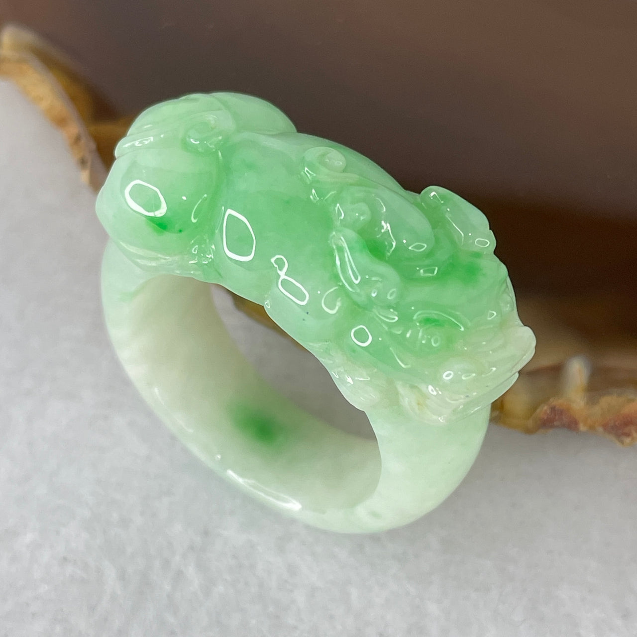 Natural Type A Jelly Green & Apple Green Piao Hua Jadeite Pixiu Ring | Imperial Solid Saddle-Style Carved Band | "Wealth Magnet" Sovereign Fortune Ring (11.71g 13.1x9.4mm | US Size 10.3 / HK Size 23)