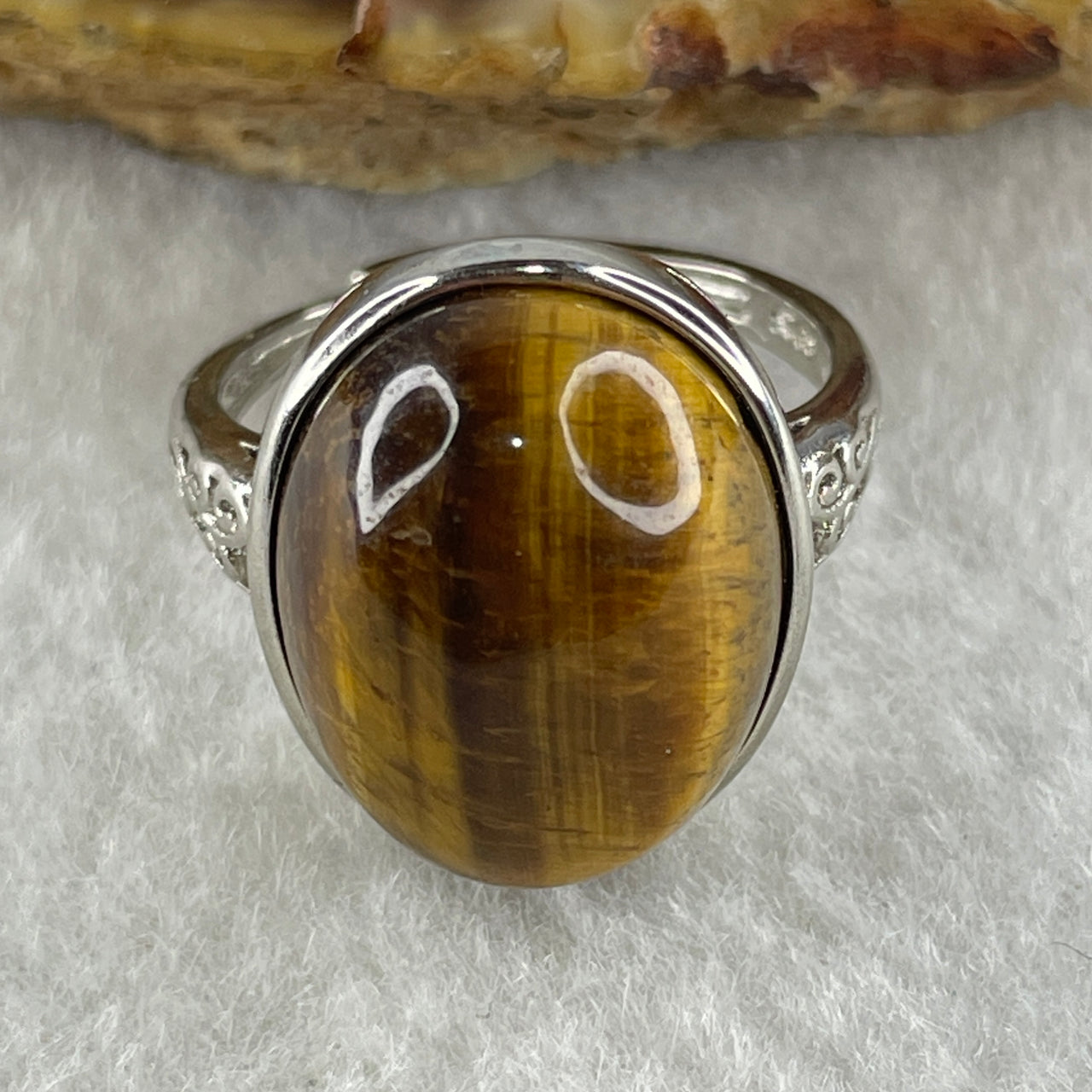 Natural Yellow Tiger's Eye Quartz in S925 Sliver Ring (Adjustable Size) 4.84g 17.4 by 13.6 by 7.5mm - Huangs Jadeite and Jewelry Pte Ltd
