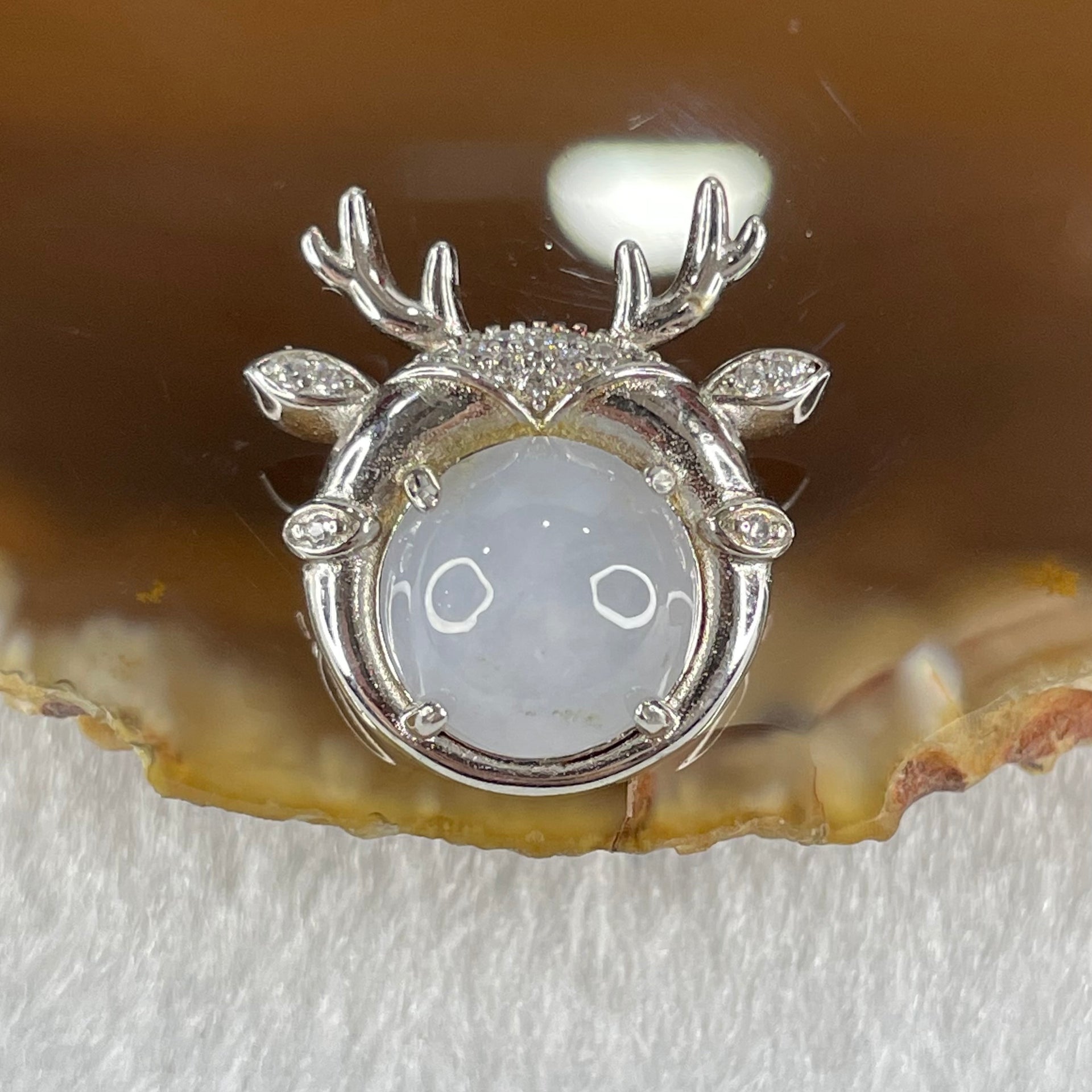 Type A Lavender Jadeite in S925 Sliver Reindeer with Crystal Charm 2.92g 9.8 by 6.0mm - Huangs Jadeite and Jewelry Pte Ltd
