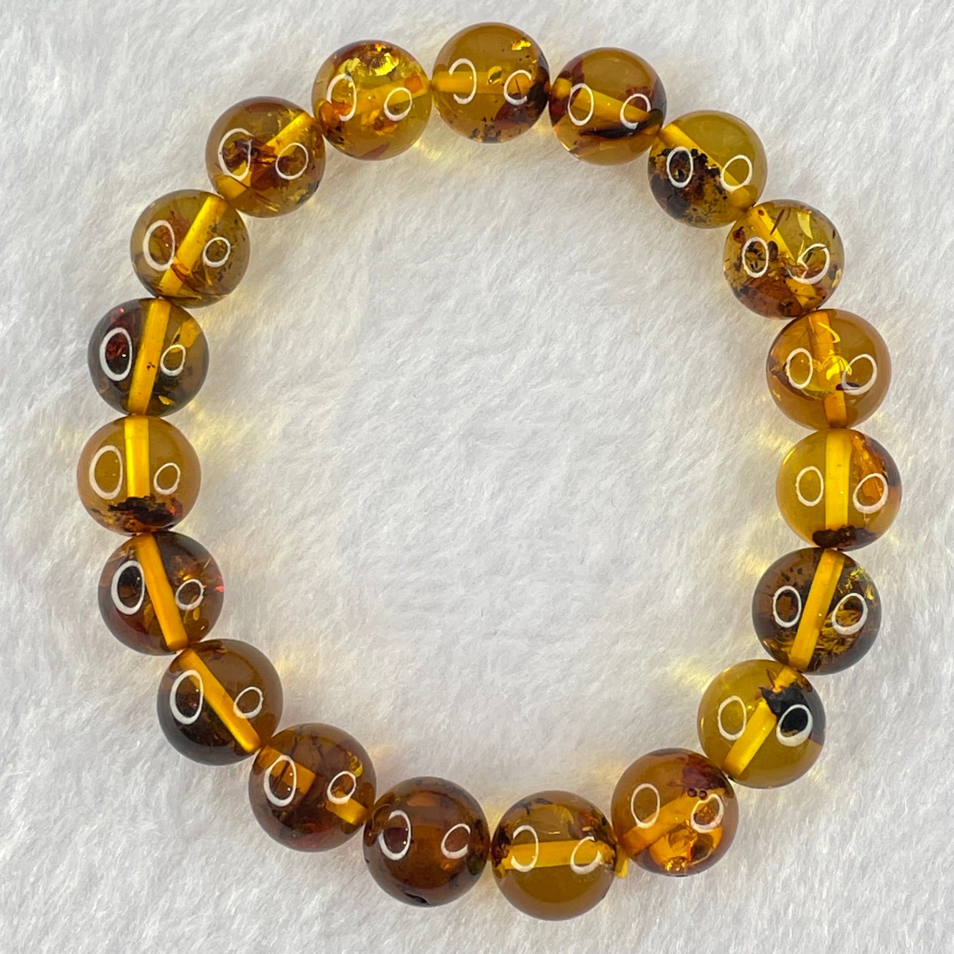 Natural Brownish Yellow Flower Amber Beads Bracelet 12.88g 17.5cm 10.8mm 19 Beads - Huangs Jadeite and Jewelry Pte Ltd