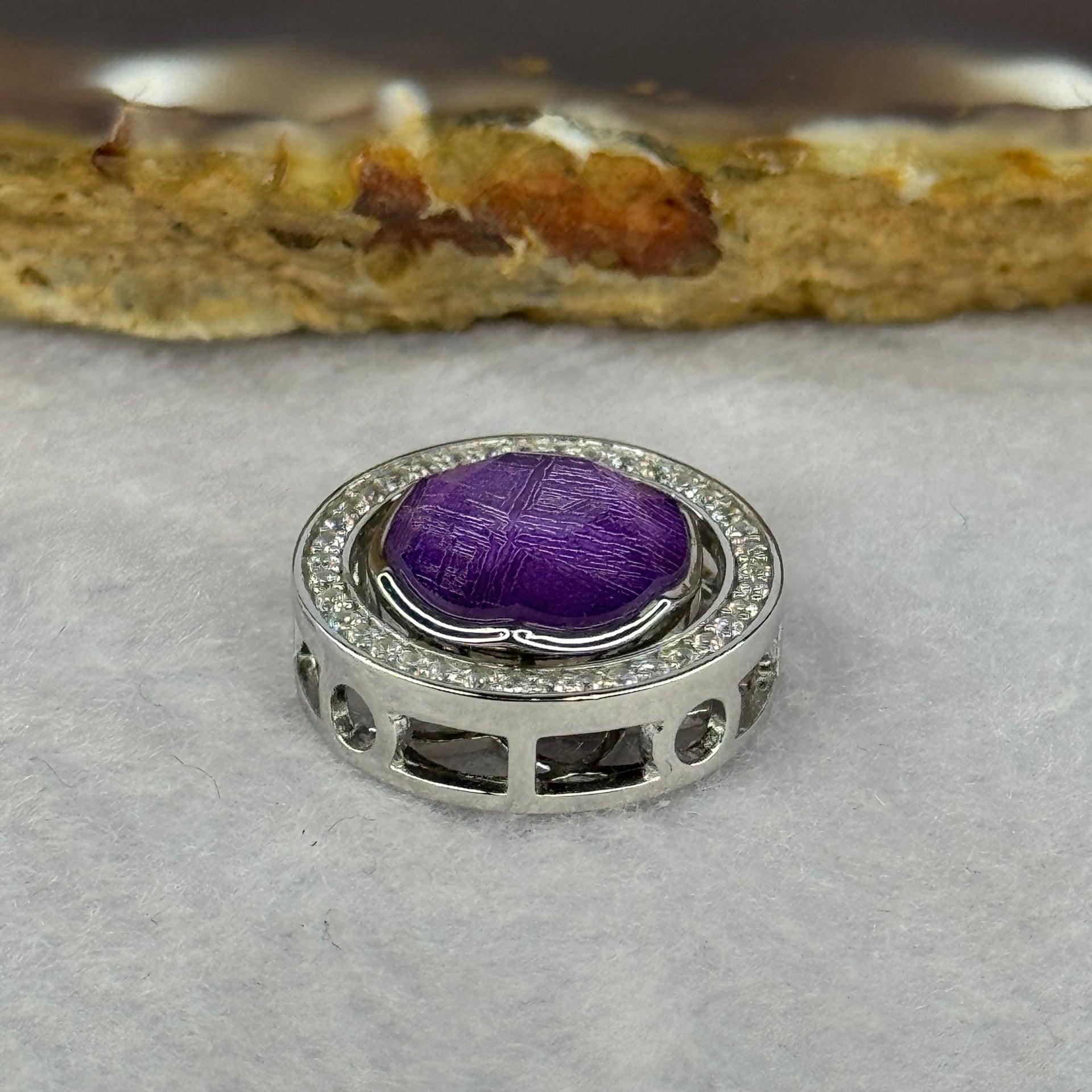 Natural Meteorite Spinning High Energy Feng Shui Charm in S925 Silver with Crystals For Necklace / Bracelet (Purple Color) 4.10g 16.8 by 7.6mm - Huangs Jadeite and Jewelry Pte Ltd