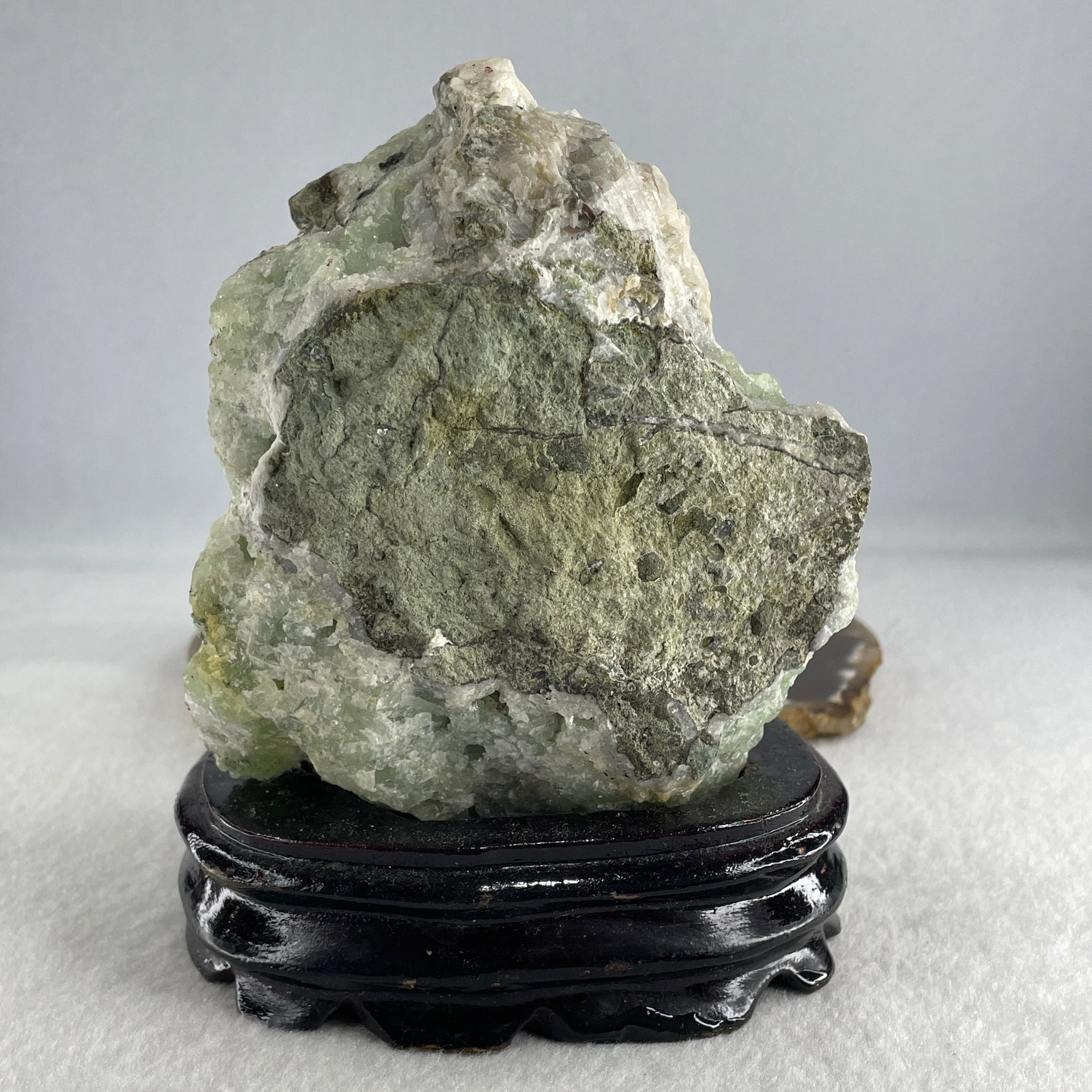 Natural Green Fluorite Rough Irregular Shape Display with Wooden Stand 1.017,9g 107.0 by 86.0 by 135.0mm - Huangs Jadeite and Jewelry Pte Ltd