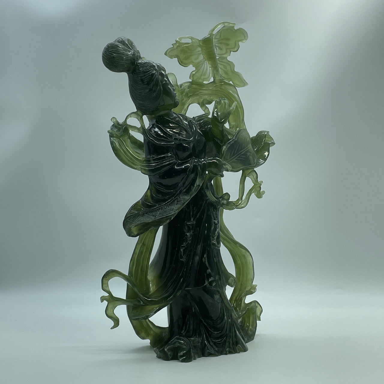 Natural Semi Icy Dark Green Serpentine Fairy with Butterfly and Fan Display 2,695.3g 222.0 by 95.0 by 350.0mm