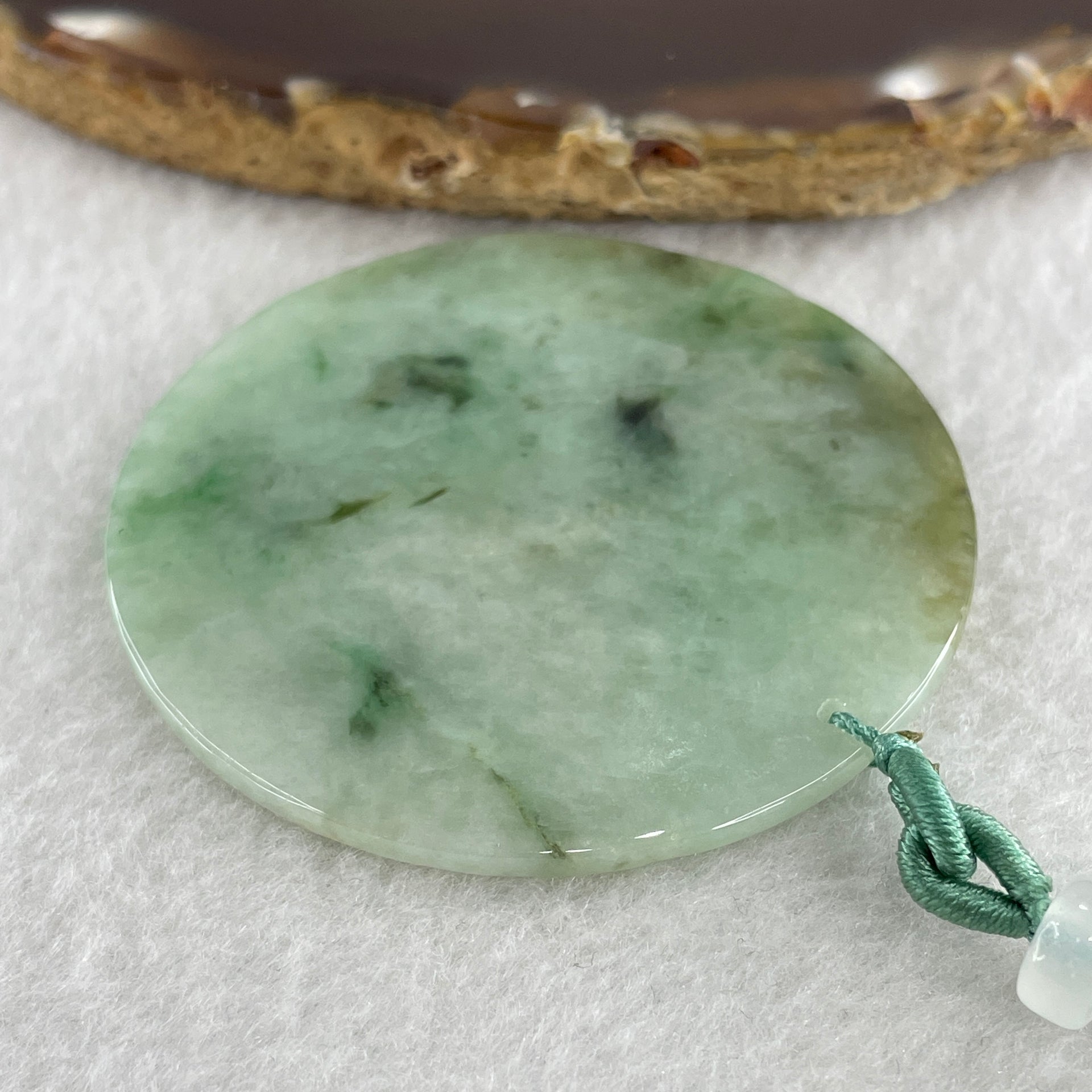 Natural Type A Green with Brownish and Dark Green Piao Hua Jadeite Round Wu Shi Pai Pendant 29.12g 54.2 by 3.1mm - Huangs Jadeite and Jewelry Pte Ltd
