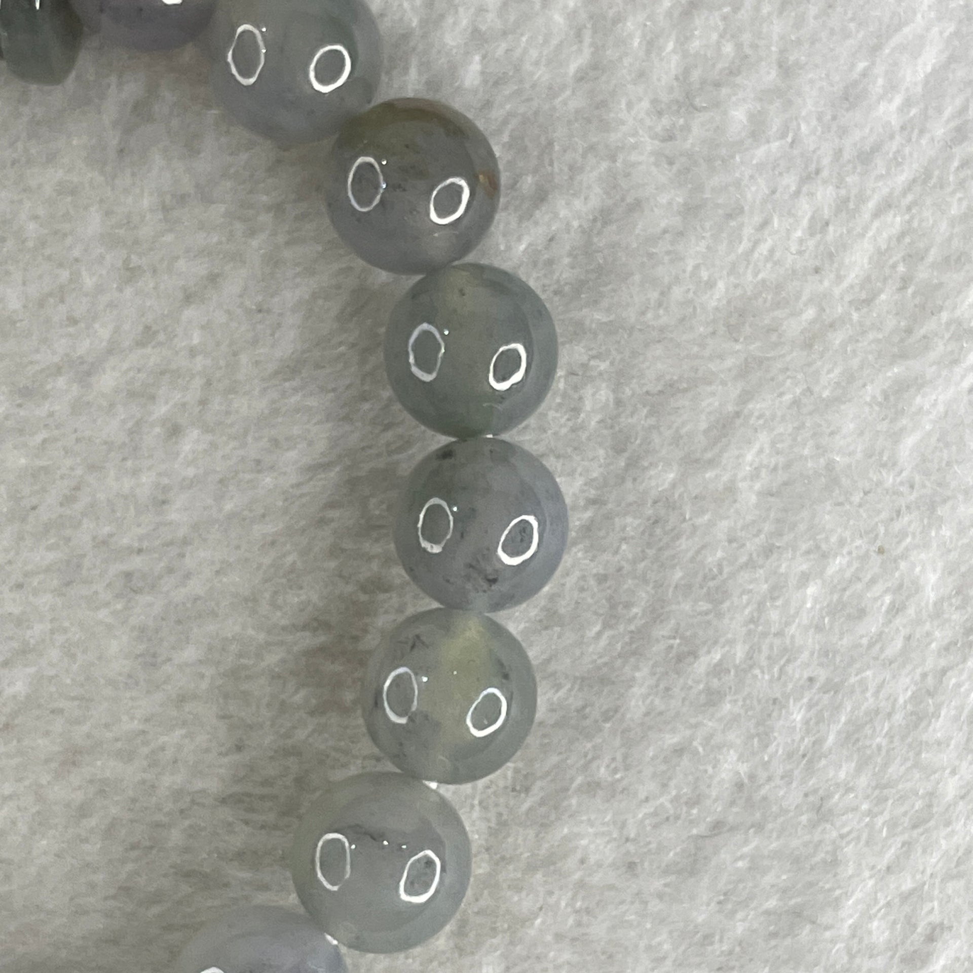 Certified Natural Type A Semi icy Wuyji Grey Jadeite Beads with Lulutong Charm Bracelet 25.45g 15cm 8.4mm 20 Beads - 14.5 by 11.8mm Lulutong - Huangs Jadeite and Jewelry Pte Ltd