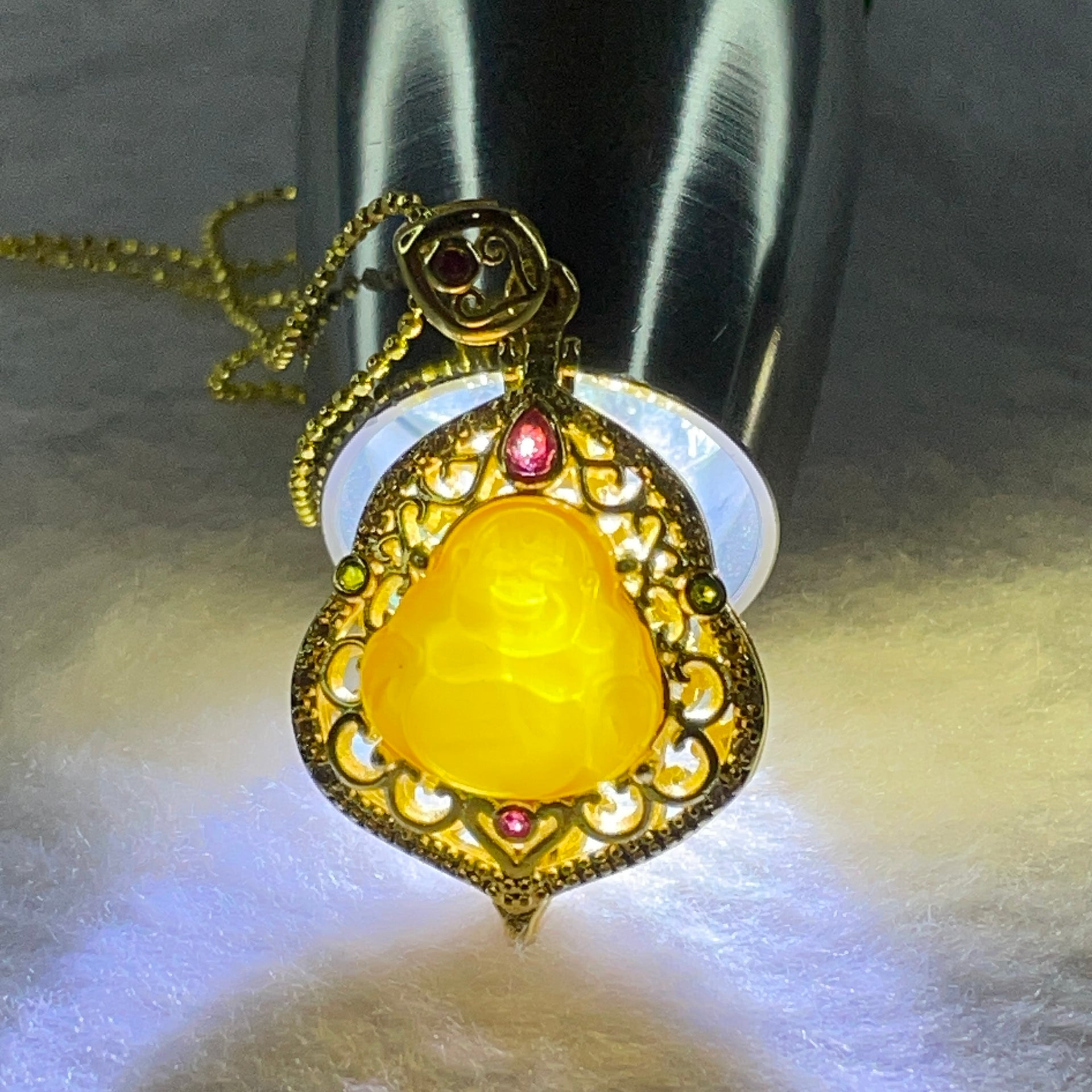 Natural Butterscotch Amber Milo Buddha with Crystals in Gold Color Necklace 5.64g 12.2 by 11.8 by 3.2mm - Huangs Jadeite and Jewelry Pte Ltd