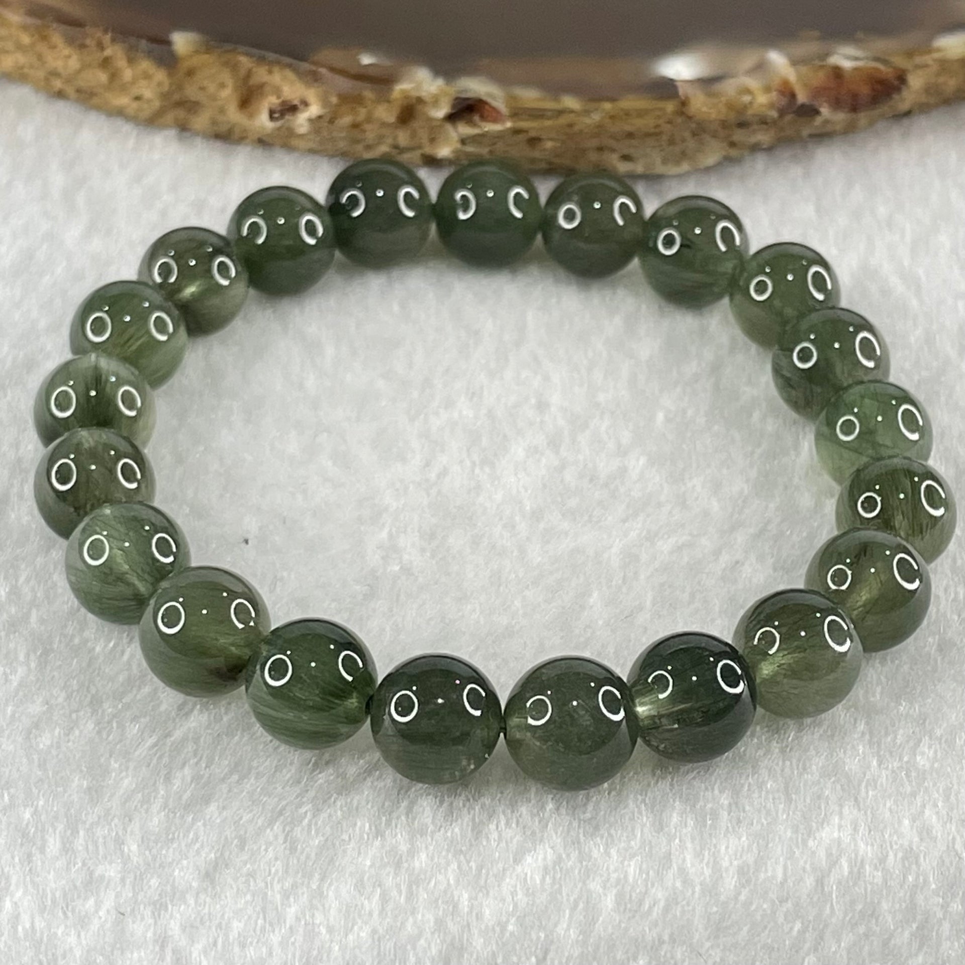 Good Grade Natural Cats Eye Green Rutilated Quartz Beads Bracelet 22.16g 16cm 9.3mm 21 Beads - Huangs Jadeite and Jewelry Pte Ltd