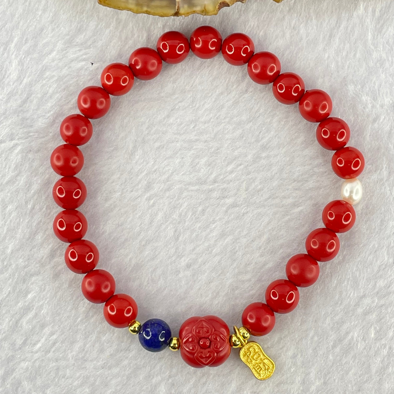 Natural Red Cinnabar Beads with Lapis Lazuli and Pearl Bracelet 18.90g 16cm 10.4 by 8.9mm 7.2mm 23 Beads - Huangs Jadeite and Jewelry Pte Ltd