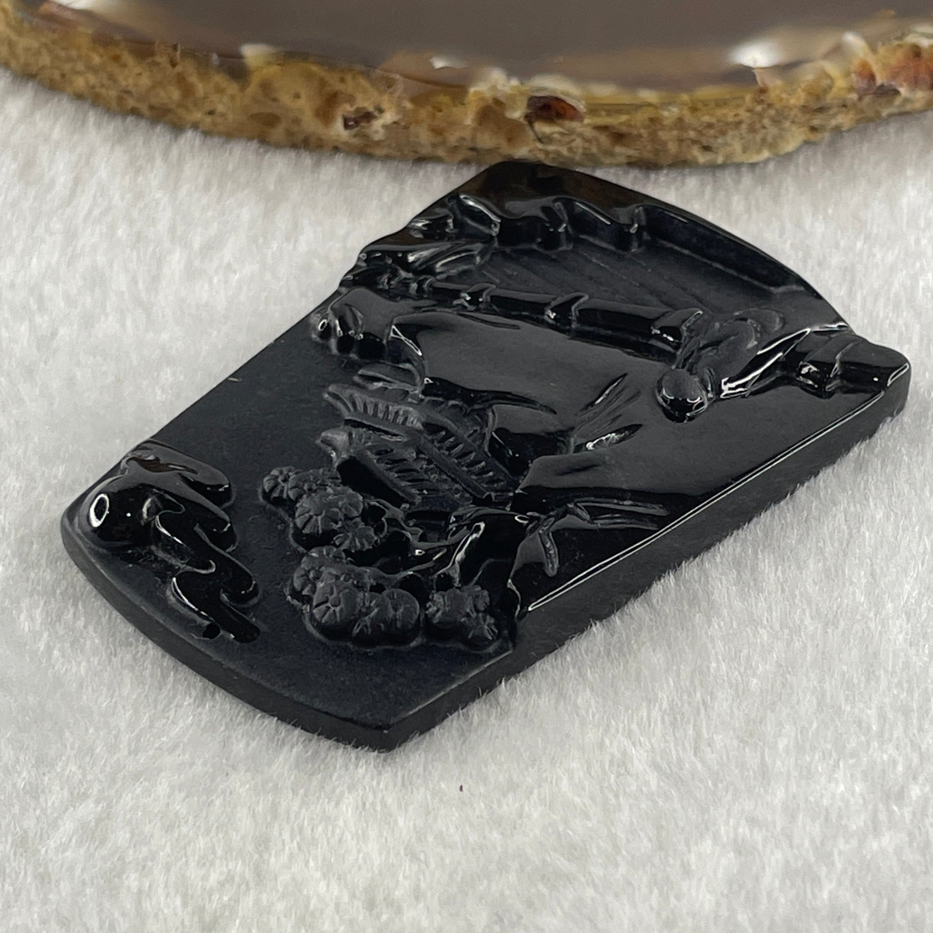 Type A Opaque to Partial Translucent Black Omphacite Jadeite Shan Shui with Guiren Benefactor Pendant 23.01g 60.5 by 42.6 by 6.2mm - Huangs Jadeite and Jewelry Pte Ltd