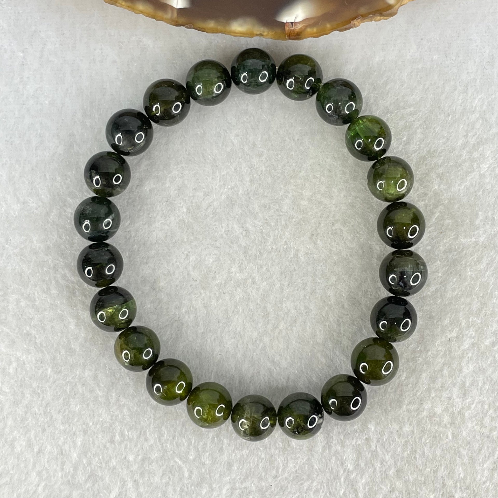 Above Average Grade Natural Green Cats Eye Tourmaline Beads Bracelet 22.44g 16cm 8.8mm 22 Beads - Huangs Jadeite and Jewelry Pte Ltd