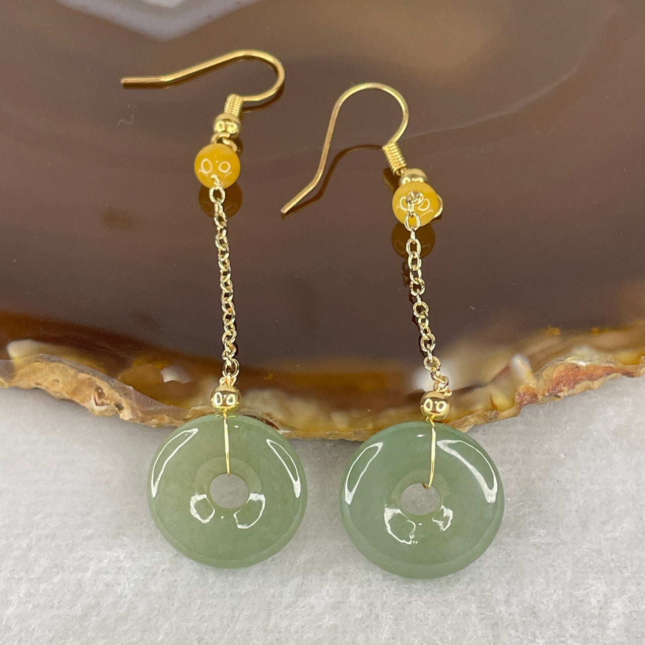 Natural Type A Blueish Green Jadeite Ping An Kou Donut Earrings | Gold Color Dangling Drop Jewelry (4.64g, 16.1mm)