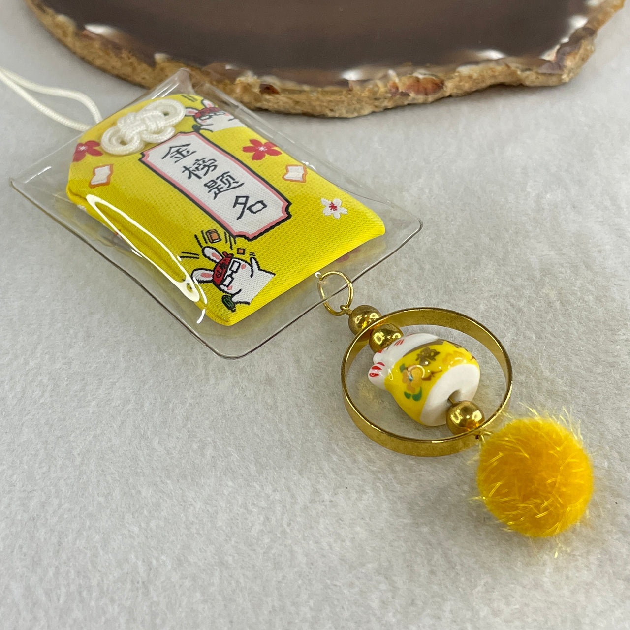 Porcelain Yellow Fortune Cat Yushou Charm 13.88g 15.1 by 17.6 by 14.3mm - Huangs Jadeite and Jewelry Pte Ltd