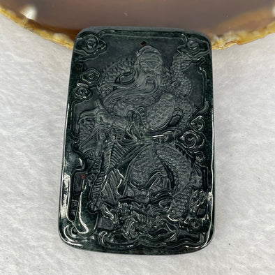 Type A Partial Translucent Black Omphasite Jadeite Guan Gong with Dragon Pendent A货部分半透明黑色绿辉石翡翠关公龙吊坠 35.15g 66.6 by 44.6 by 7.4 mm - Huangs Jadeite and Jewelry Pte Ltd