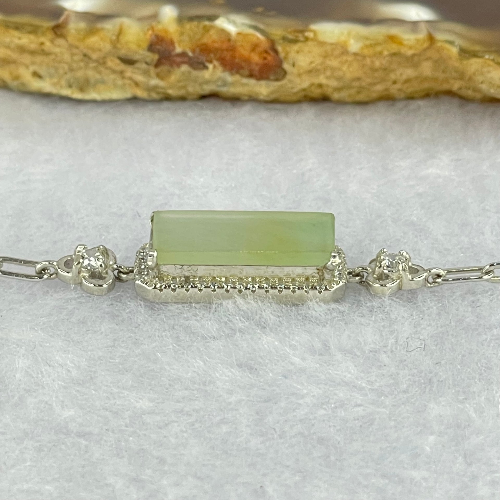 Type A Icy Light Green Jadeite Wu Shi Pai with Crystals in S925 Sliver Bracelet 5.06g 16.6 by 7.4 by 2.5mm - Huangs Jadeite and Jewelry Pte Ltd