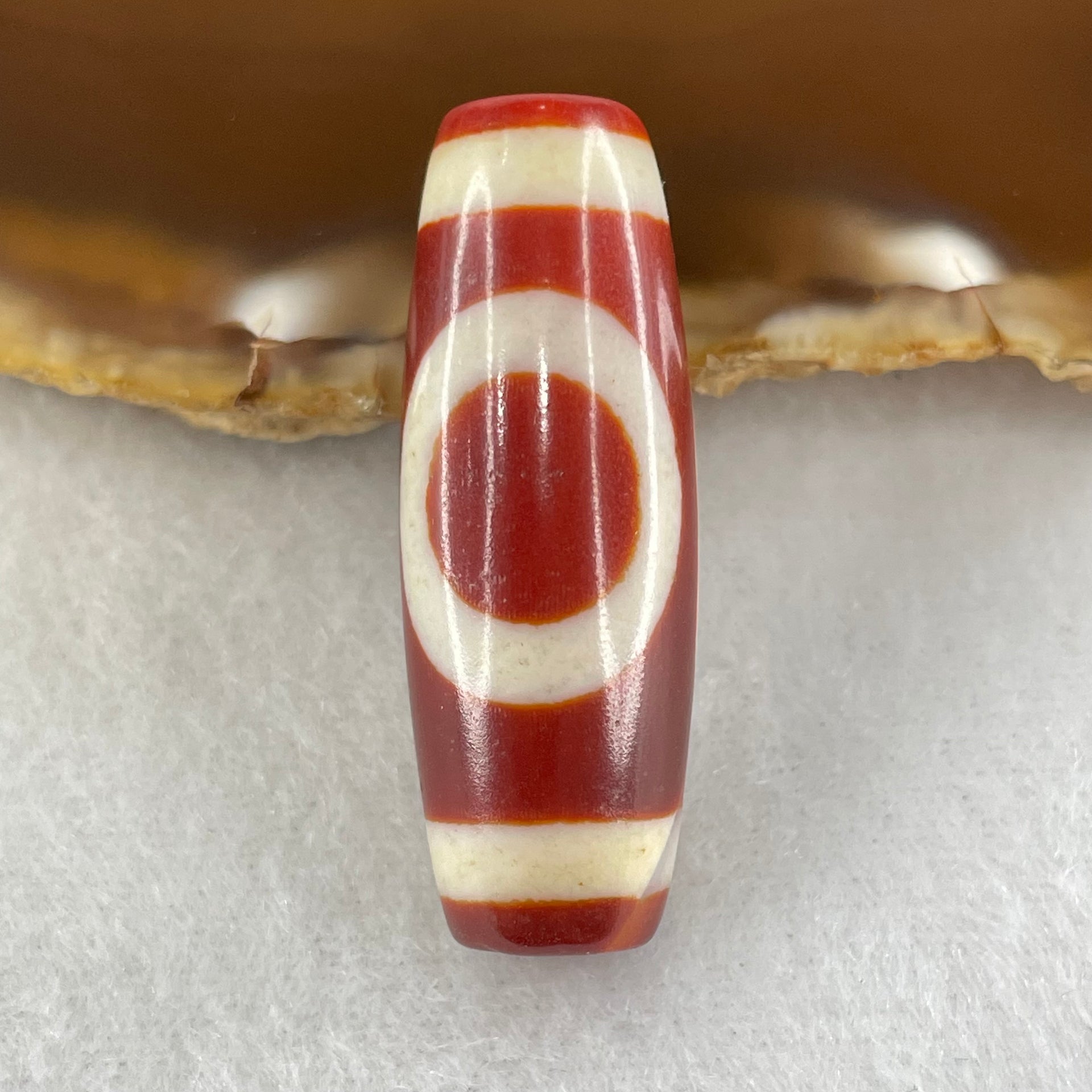 Natural Powerful Tibetan Old Oily Red White Agate One Eye Fire Sign Dzi Bead Heavenly Master (Tian Zhu) 一眼火天珠 11.40g 37.8 by 14.1mm - Huangs Jadeite and Jewelry Pte Ltd