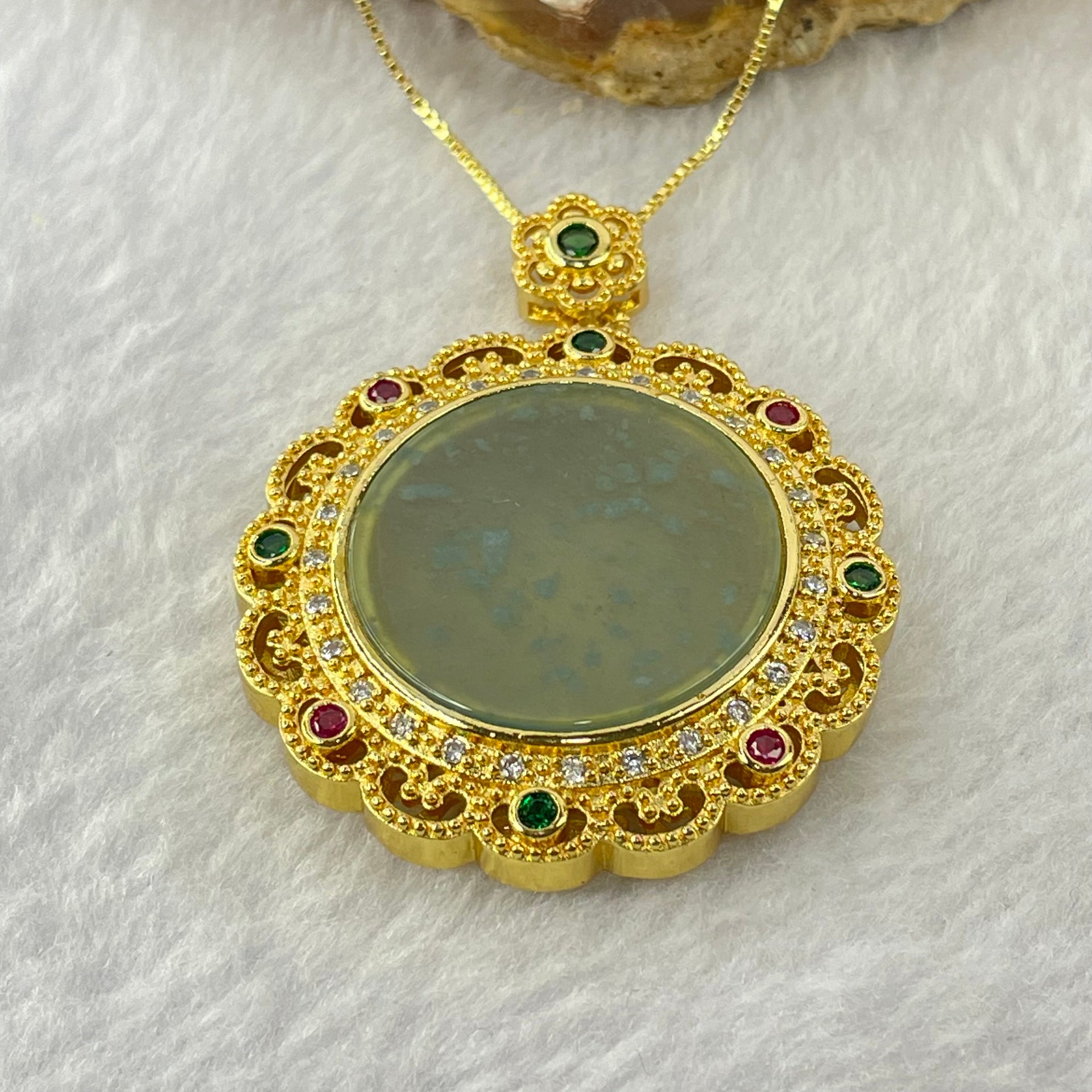 Type A Icy Light Blueish Green Jadeite Wu Shi Pai Pendent in S925 Silver Gold Pendant and Necklace 15.17g 26.0 by 2.0mm - Huangs Jadeite and Jewelry Pte Ltd