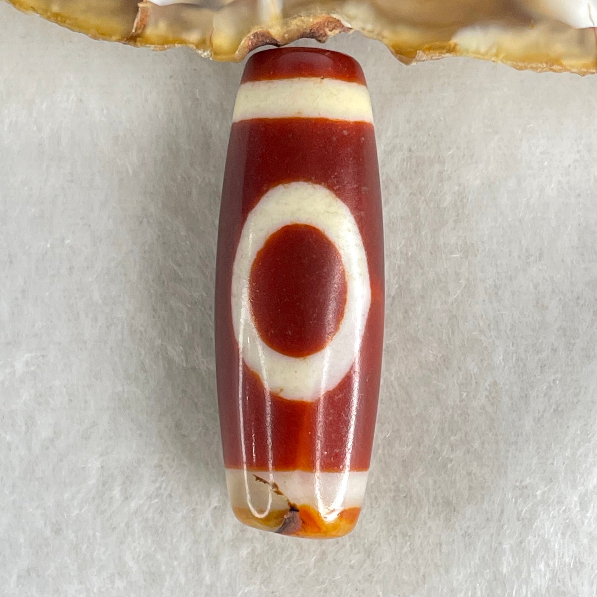Natural Powerful Tibetan Old Oily Red White Agate One Eye Wood Element Dzi Bead Heavenly Master (Tian Zhu) 一眼木元素天珠 10.52g 38.1 by 13.3mm - Huangs Jadeite and Jewelry Pte Ltd